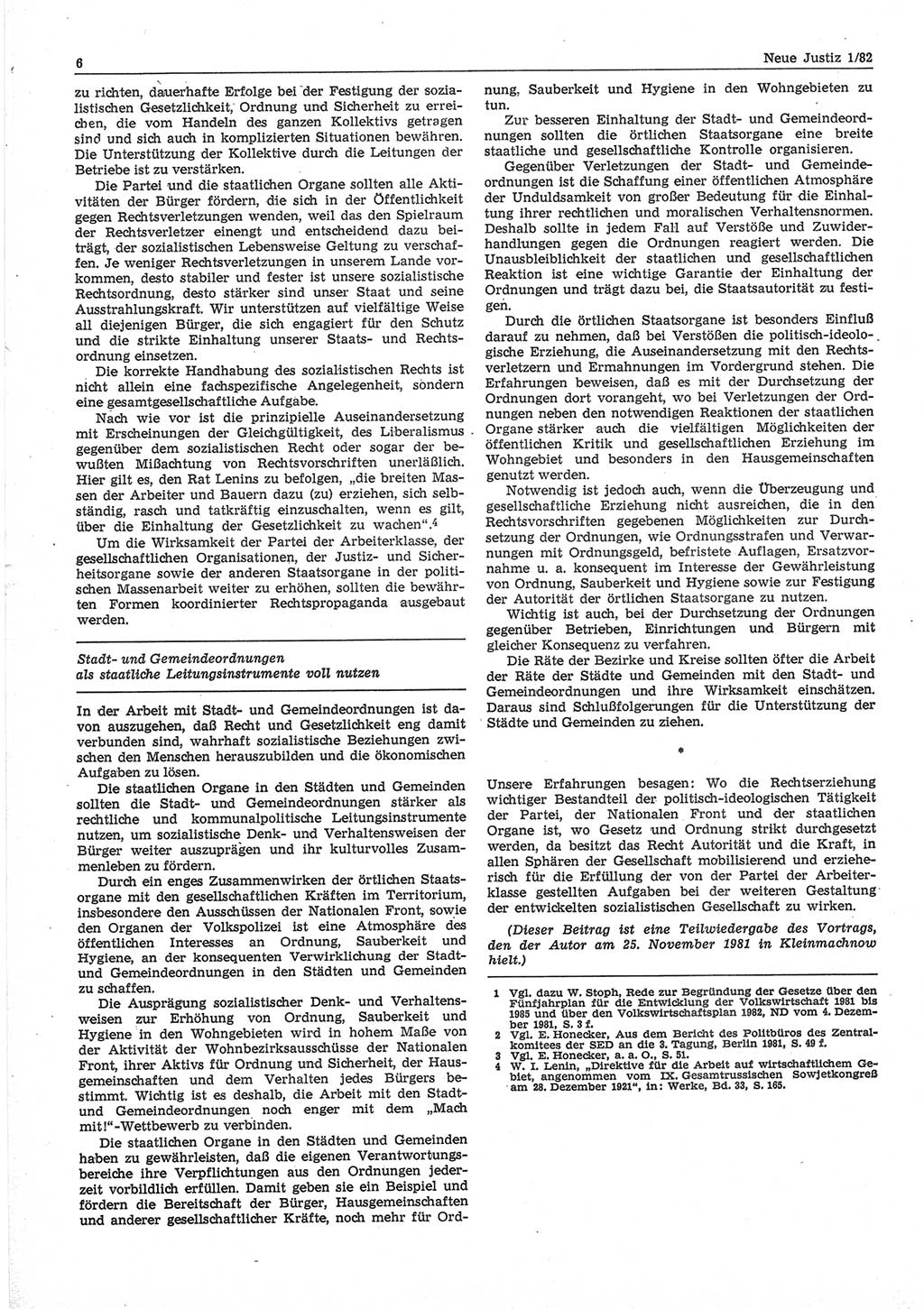 Neue Justiz (NJ), Zeitschrift für sozialistisches Recht und Gesetzlichkeit [Deutsche Demokratische Republik (DDR)], 36. Jahrgang 1982, Seite 6 (NJ DDR 1982, S. 6)