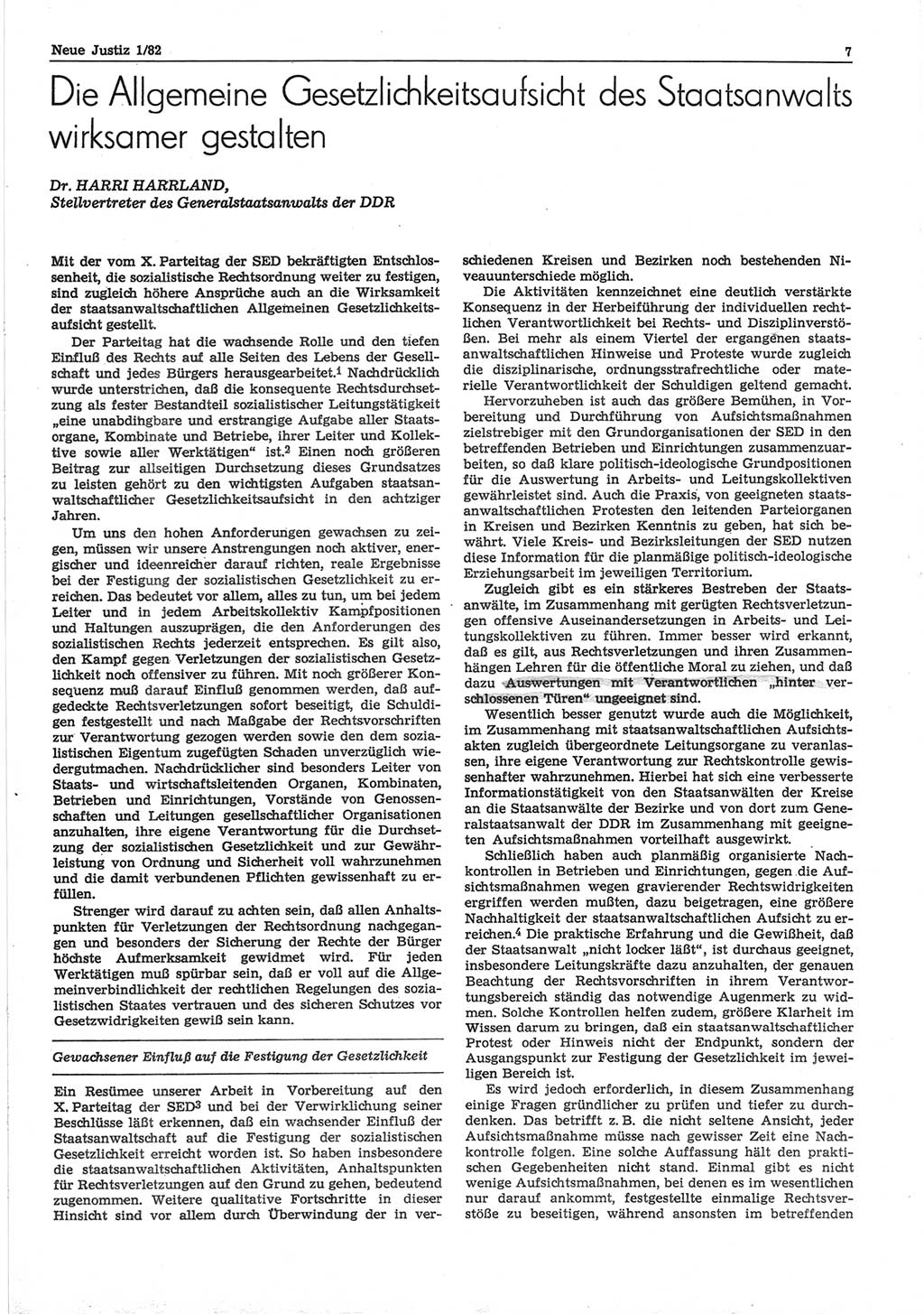 Neue Justiz (NJ), Zeitschrift für sozialistisches Recht und Gesetzlichkeit [Deutsche Demokratische Republik (DDR)], 36. Jahrgang 1982, Seite 7 (NJ DDR 1982, S. 7)