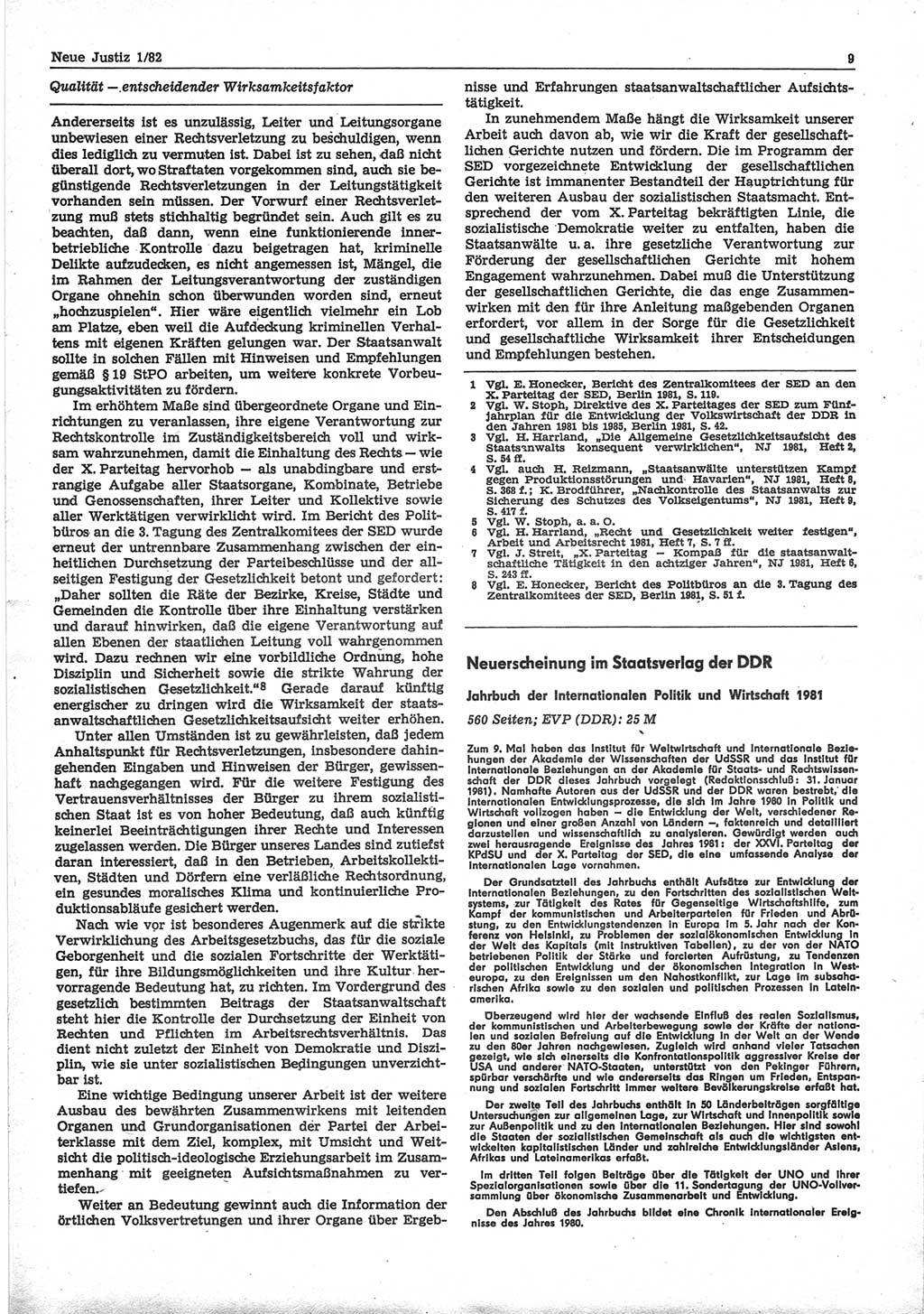 Neue Justiz (NJ), Zeitschrift für sozialistisches Recht und Gesetzlichkeit [Deutsche Demokratische Republik (DDR)], 36. Jahrgang 1982, Seite 9 (NJ DDR 1982, S. 9)