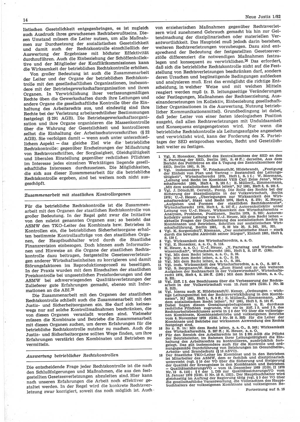 Neue Justiz (NJ), Zeitschrift für sozialistisches Recht und Gesetzlichkeit [Deutsche Demokratische Republik (DDR)], 36. Jahrgang 1982, Seite 14 (NJ DDR 1982, S. 14)
