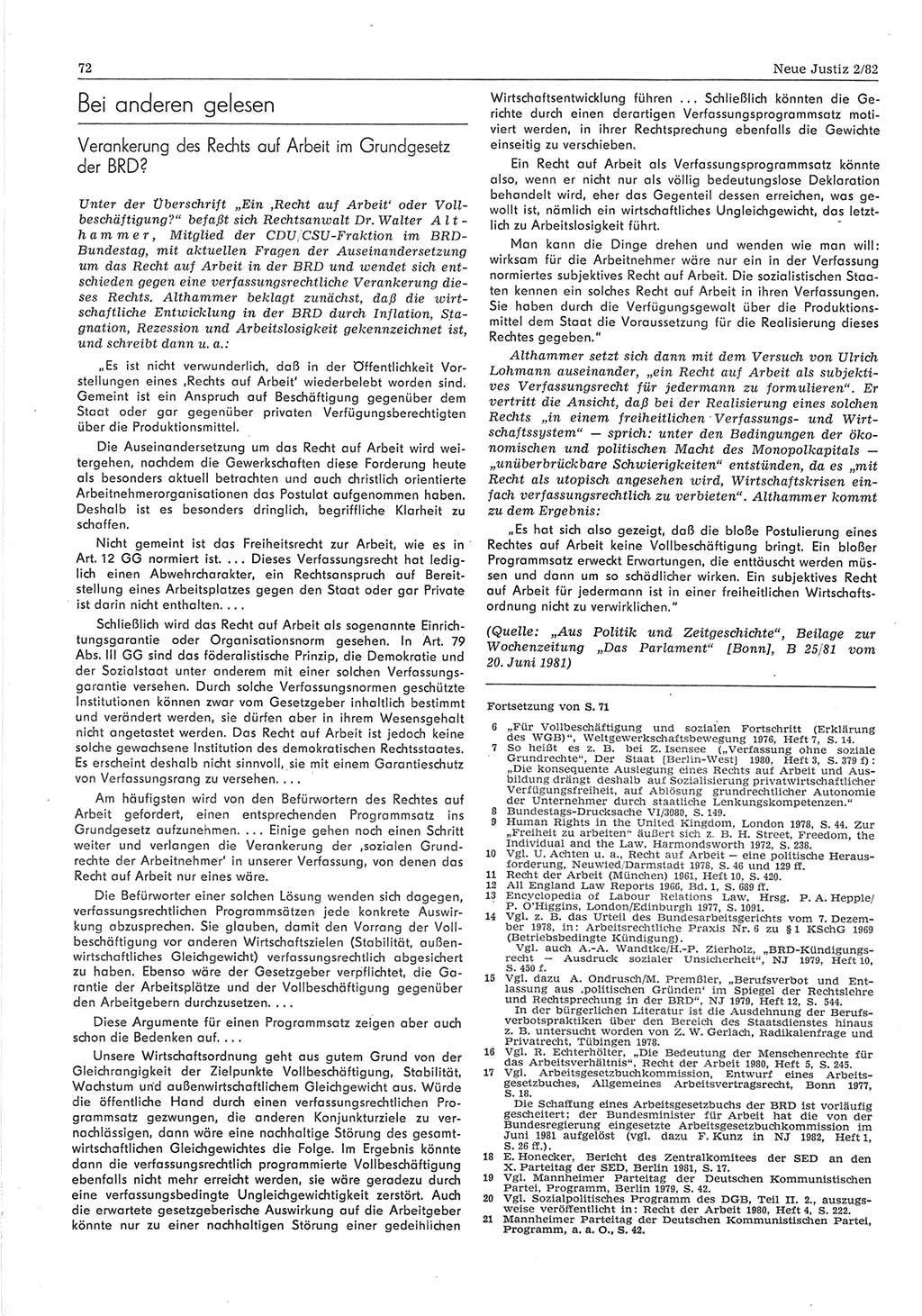 Neue Justiz (NJ), Zeitschrift für sozialistisches Recht und Gesetzlichkeit [Deutsche Demokratische Republik (DDR)], 36. Jahrgang 1982, Seite 72 (NJ DDR 1982, S. 72)
