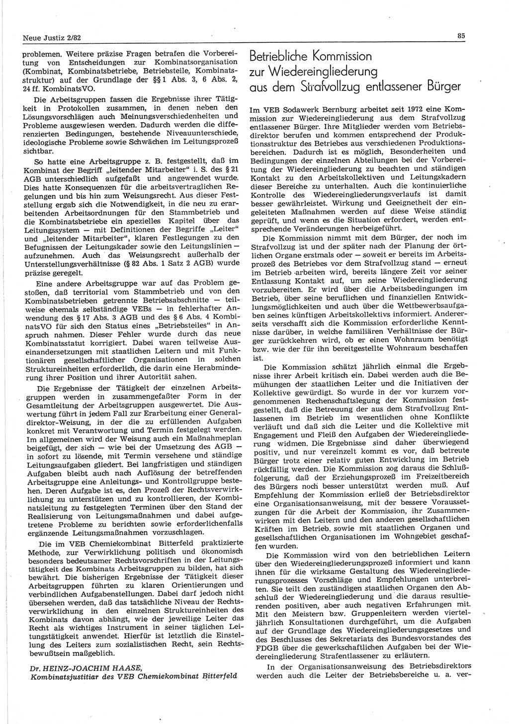 Neue Justiz (NJ), Zeitschrift für sozialistisches Recht und Gesetzlichkeit [Deutsche Demokratische Republik (DDR)], 36. Jahrgang 1982, Seite 85 (NJ DDR 1982, S. 85)