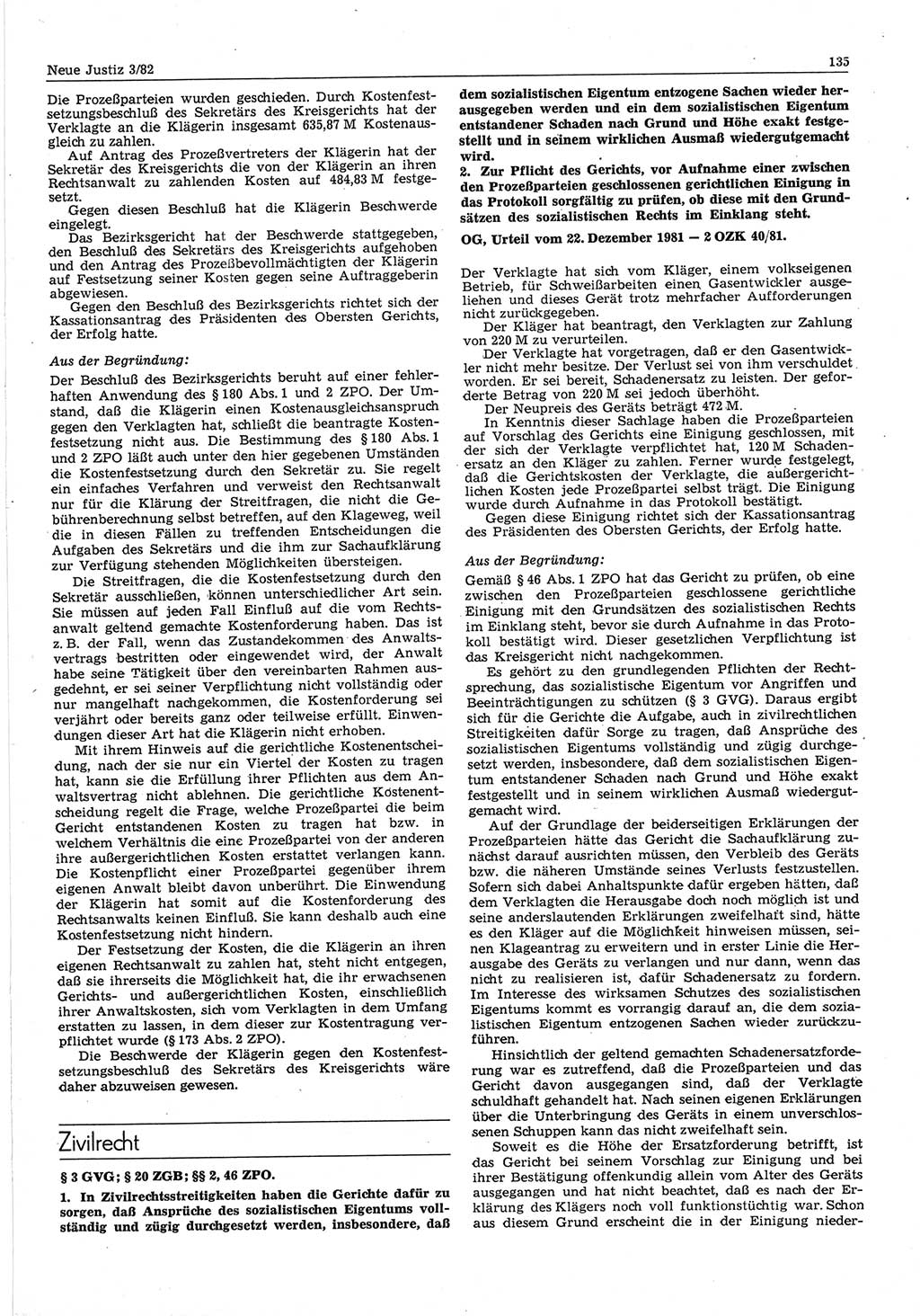 Neue Justiz (NJ), Zeitschrift für sozialistisches Recht und Gesetzlichkeit [Deutsche Demokratische Republik (DDR)], 36. Jahrgang 1982, Seite 135 (NJ DDR 1982, S. 135)