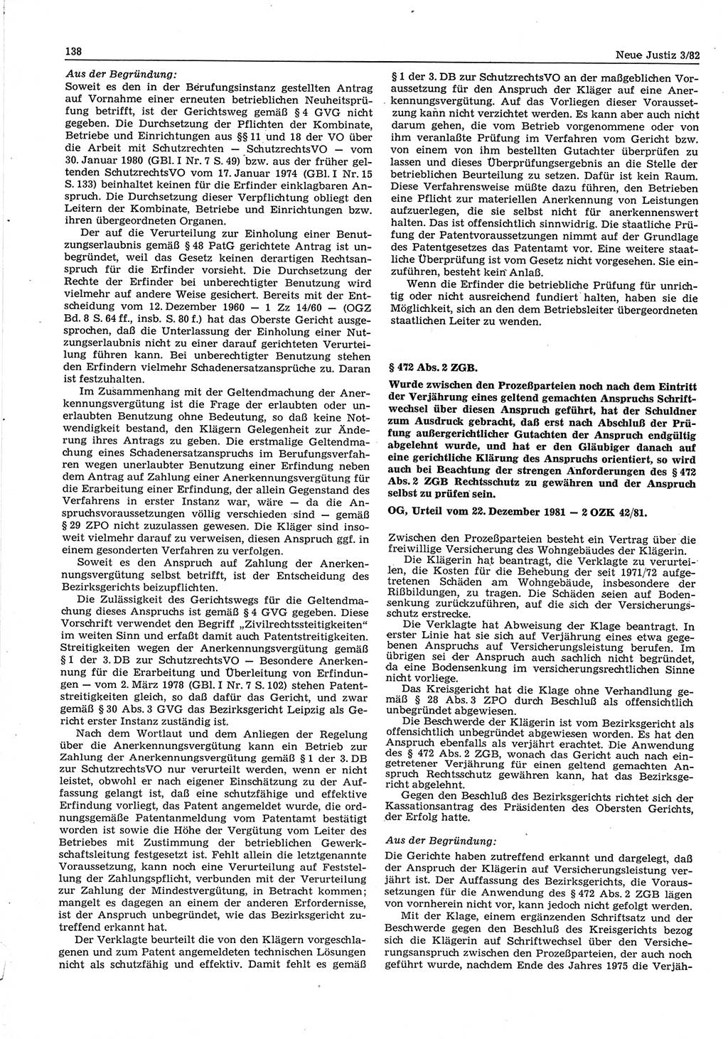 Neue Justiz (NJ), Zeitschrift für sozialistisches Recht und Gesetzlichkeit [Deutsche Demokratische Republik (DDR)], 36. Jahrgang 1982, Seite 138 (NJ DDR 1982, S. 138)