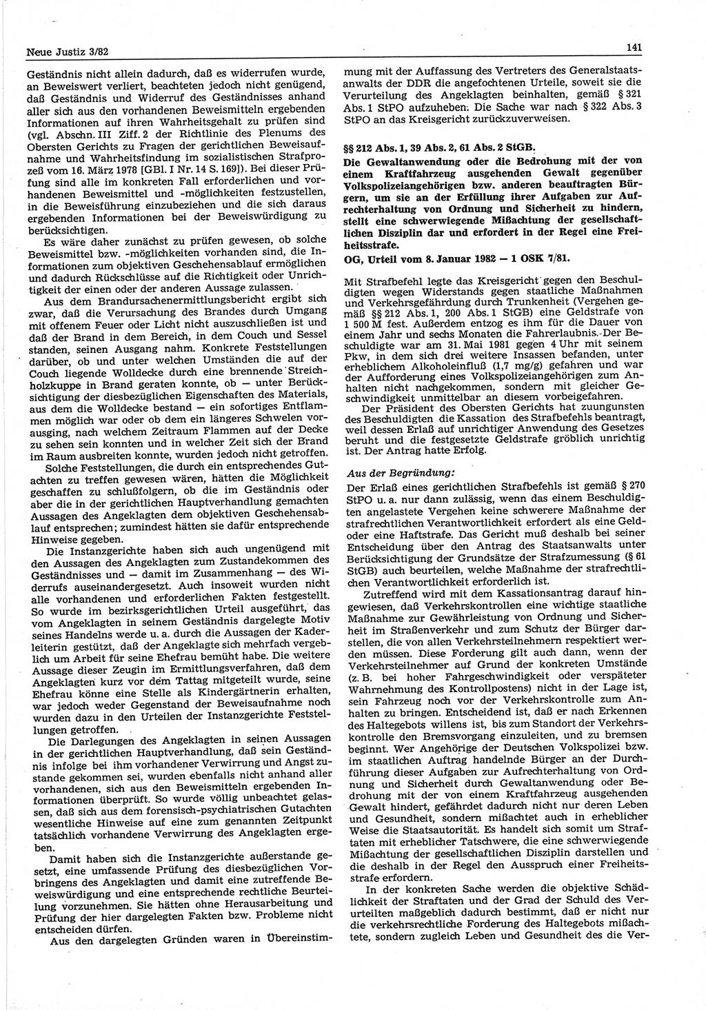 Neue Justiz (NJ), Zeitschrift für sozialistisches Recht und Gesetzlichkeit [Deutsche Demokratische Republik (DDR)], 36. Jahrgang 1982, Seite 141 (NJ DDR 1982, S. 141)