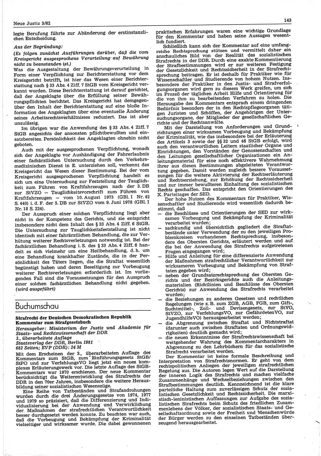 Neue Justiz (NJ), Zeitschrift für sozialistisches Recht und Gesetzlichkeit [Deutsche Demokratische Republik (DDR)], 36. Jahrgang 1982, Seite 143 (NJ DDR 1982, S. 143)