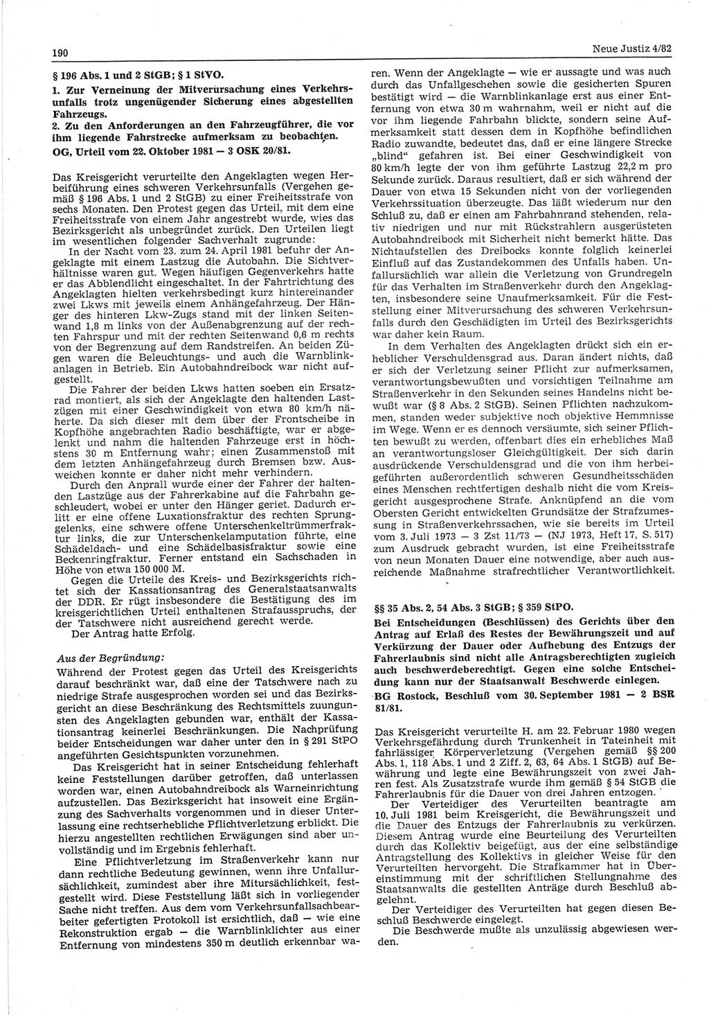 Neue Justiz (NJ), Zeitschrift für sozialistisches Recht und Gesetzlichkeit [Deutsche Demokratische Republik (DDR)], 36. Jahrgang 1982, Seite 190 (NJ DDR 1982, S. 190)