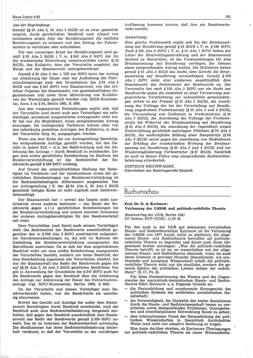 Neue Justiz (NJ), Zeitschrift für sozialistisches Recht und Gesetzlichkeit [Deutsche Demokratische Republik (DDR)], 36. Jahrgang 1982, Seite 191 (NJ DDR 1982, S. 191)