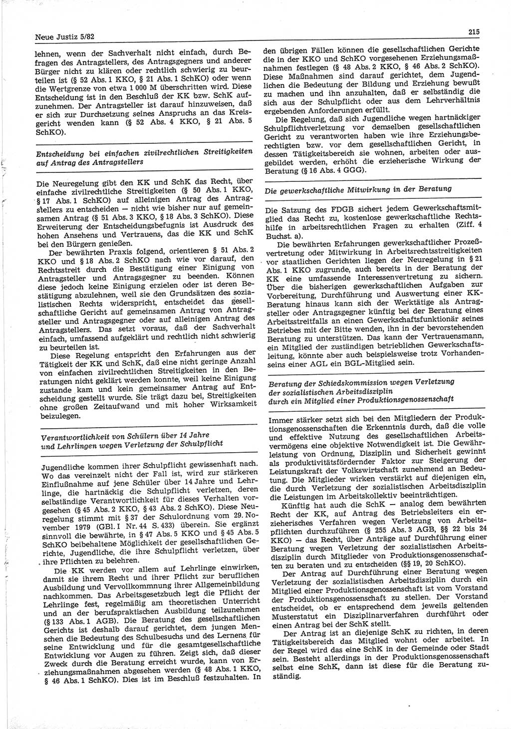 Neue Justiz (NJ), Zeitschrift für sozialistisches Recht und Gesetzlichkeit [Deutsche Demokratische Republik (DDR)], 36. Jahrgang 1982, Seite 215 (NJ DDR 1982, S. 215)