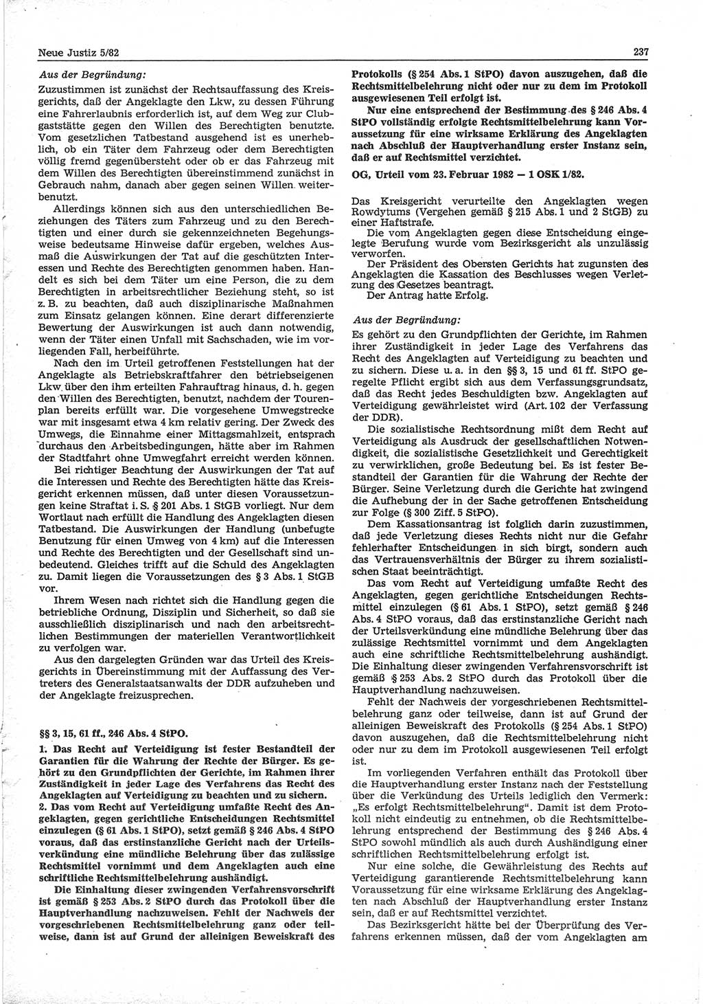 Neue Justiz (NJ), Zeitschrift für sozialistisches Recht und Gesetzlichkeit [Deutsche Demokratische Republik (DDR)], 36. Jahrgang 1982, Seite 237 (NJ DDR 1982, S. 237)