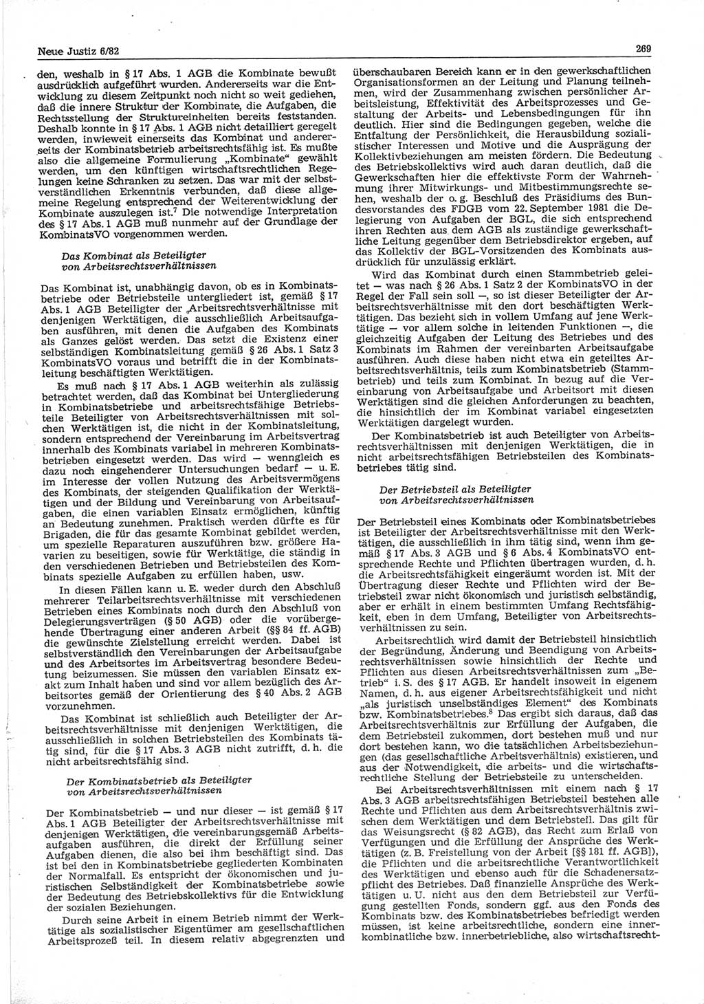 Neue Justiz (NJ), Zeitschrift für sozialistisches Recht und Gesetzlichkeit [Deutsche Demokratische Republik (DDR)], 36. Jahrgang 1982, Seite 269 (NJ DDR 1982, S. 269)