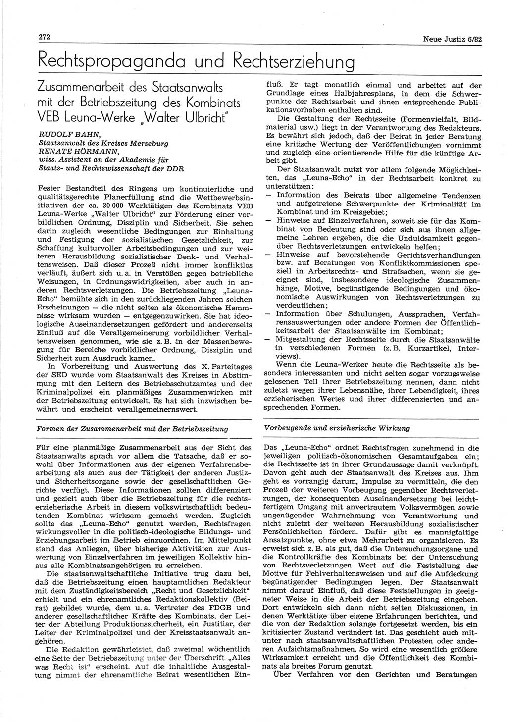 Neue Justiz (NJ), Zeitschrift für sozialistisches Recht und Gesetzlichkeit [Deutsche Demokratische Republik (DDR)], 36. Jahrgang 1982, Seite 272 (NJ DDR 1982, S. 272)