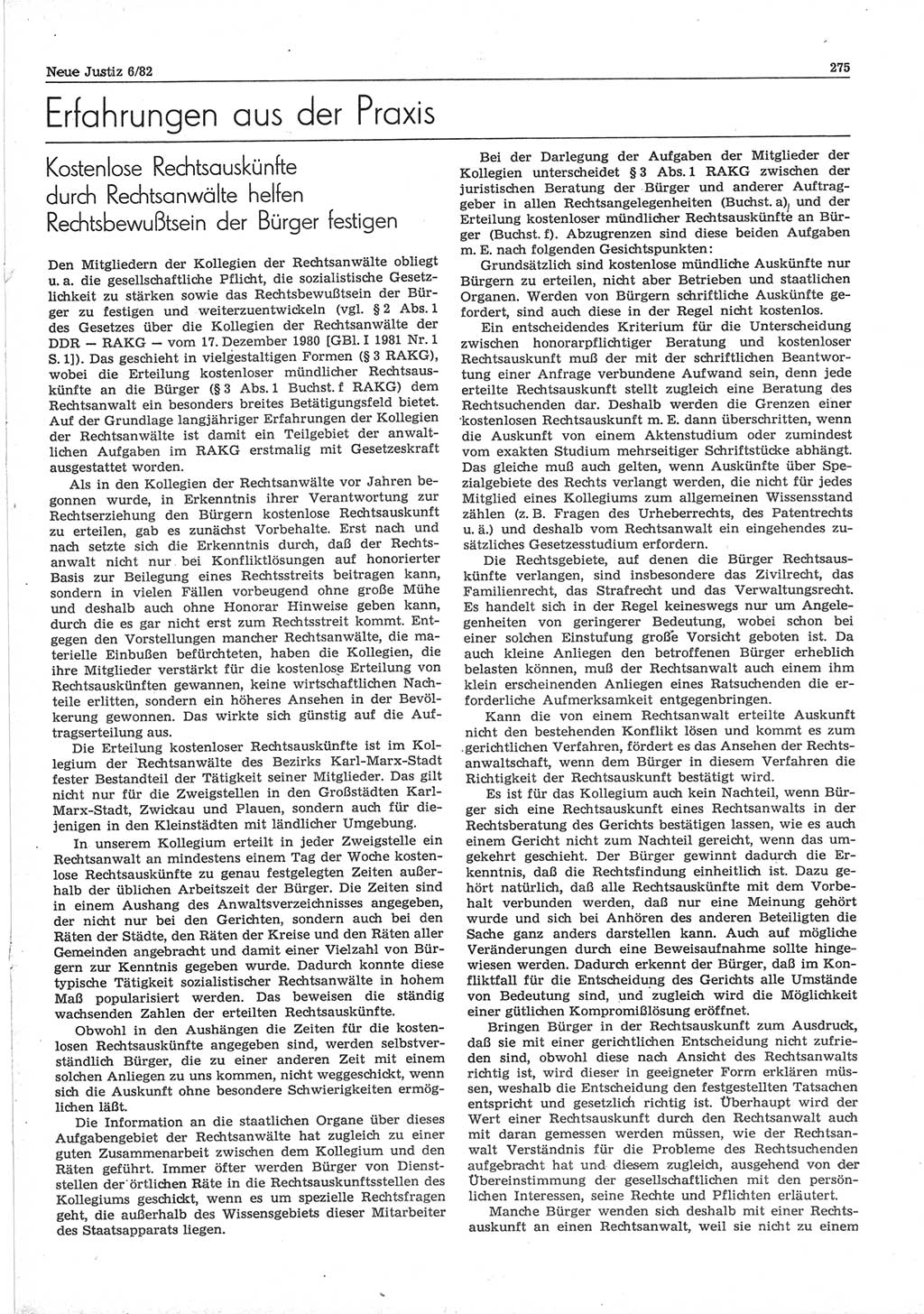 Neue Justiz (NJ), Zeitschrift für sozialistisches Recht und Gesetzlichkeit [Deutsche Demokratische Republik (DDR)], 36. Jahrgang 1982, Seite 275 (NJ DDR 1982, S. 275)