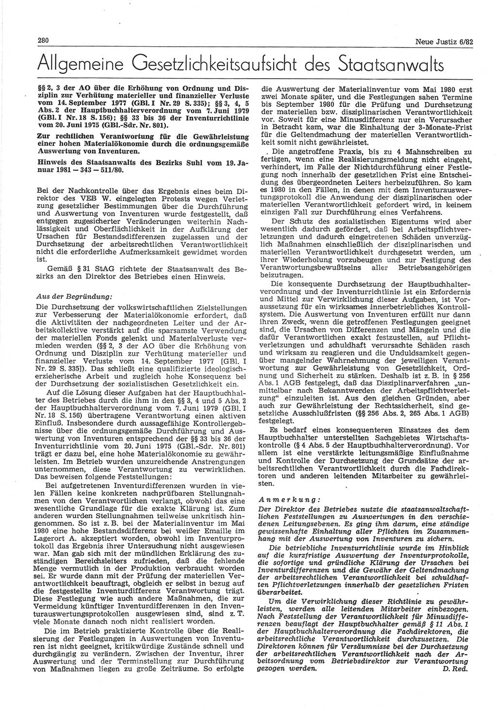 Neue Justiz (NJ), Zeitschrift für sozialistisches Recht und Gesetzlichkeit [Deutsche Demokratische Republik (DDR)], 36. Jahrgang 1982, Seite 280 (NJ DDR 1982, S. 280)