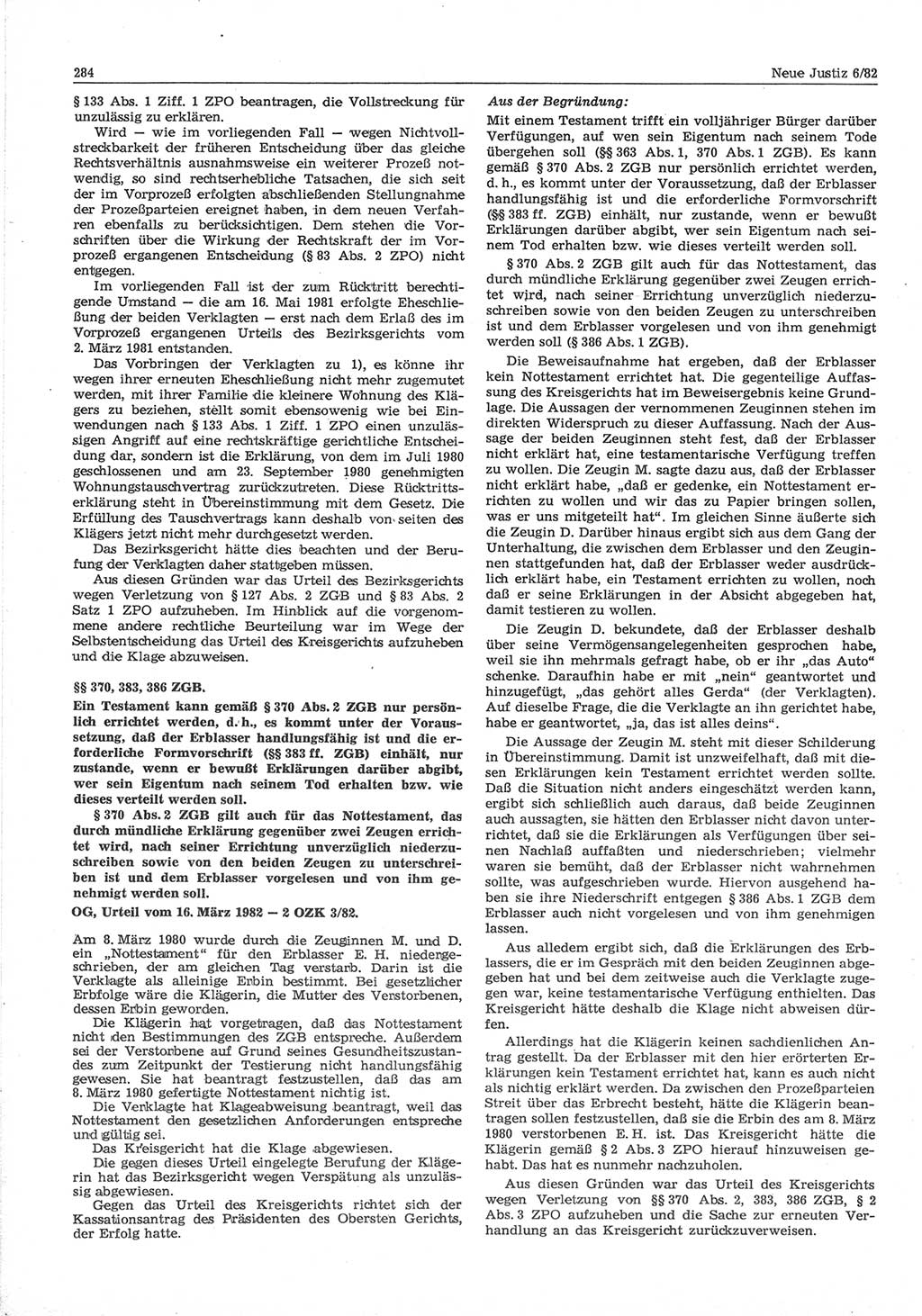 Neue Justiz (NJ), Zeitschrift für sozialistisches Recht und Gesetzlichkeit [Deutsche Demokratische Republik (DDR)], 36. Jahrgang 1982, Seite 284 (NJ DDR 1982, S. 284)