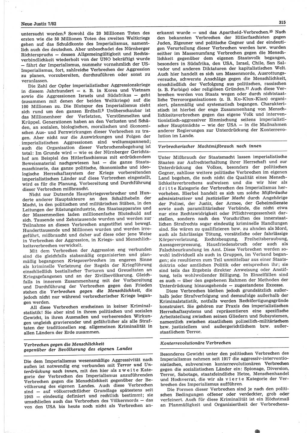 Neue Justiz (NJ), Zeitschrift für sozialistisches Recht und Gesetzlichkeit [Deutsche Demokratische Republik (DDR)], 36. Jahrgang 1982, Seite 315 (NJ DDR 1982, S. 315)