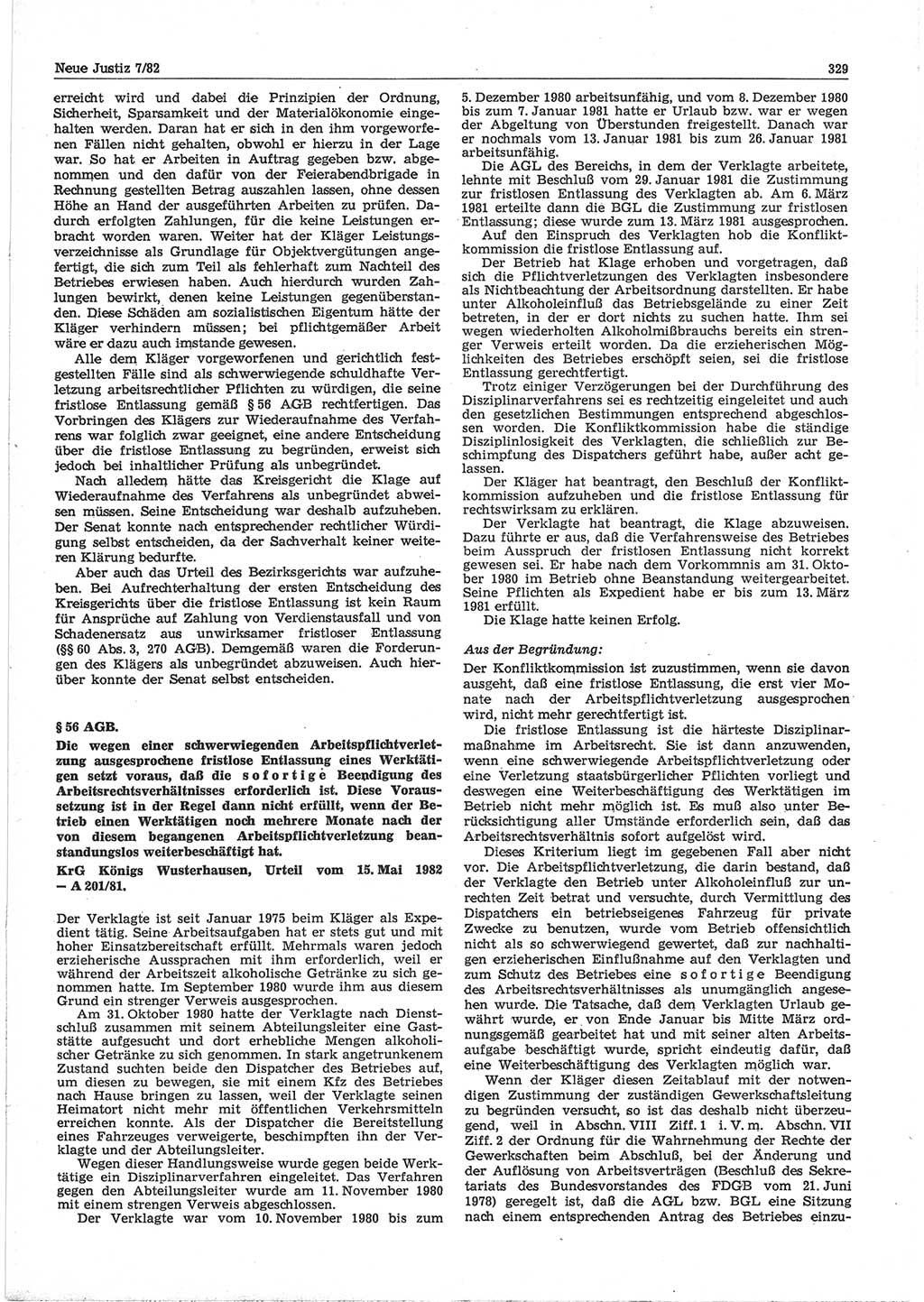 Neue Justiz (NJ), Zeitschrift für sozialistisches Recht und Gesetzlichkeit [Deutsche Demokratische Republik (DDR)], 36. Jahrgang 1982, Seite 329 (NJ DDR 1982, S. 329)