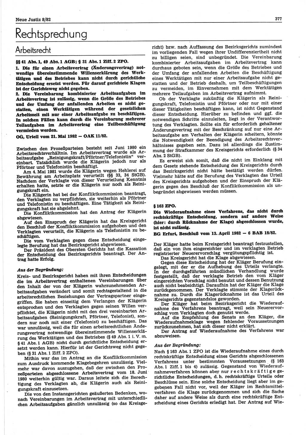Neue Justiz (NJ), Zeitschrift für sozialistisches Recht und Gesetzlichkeit [Deutsche Demokratische Republik (DDR)], 36. Jahrgang 1982, Seite 377 (NJ DDR 1982, S. 377)
