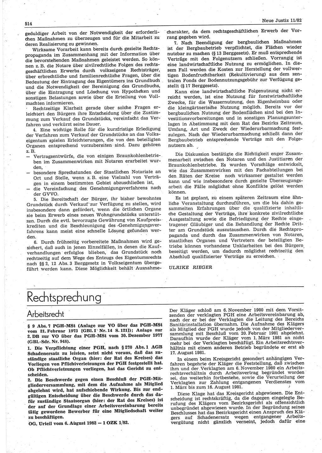 Neue Justiz (NJ), Zeitschrift für sozialistisches Recht und Gesetzlichkeit [Deutsche Demokratische Republik (DDR)], 36. Jahrgang 1982, Seite 514 (NJ DDR 1982, S. 514)
