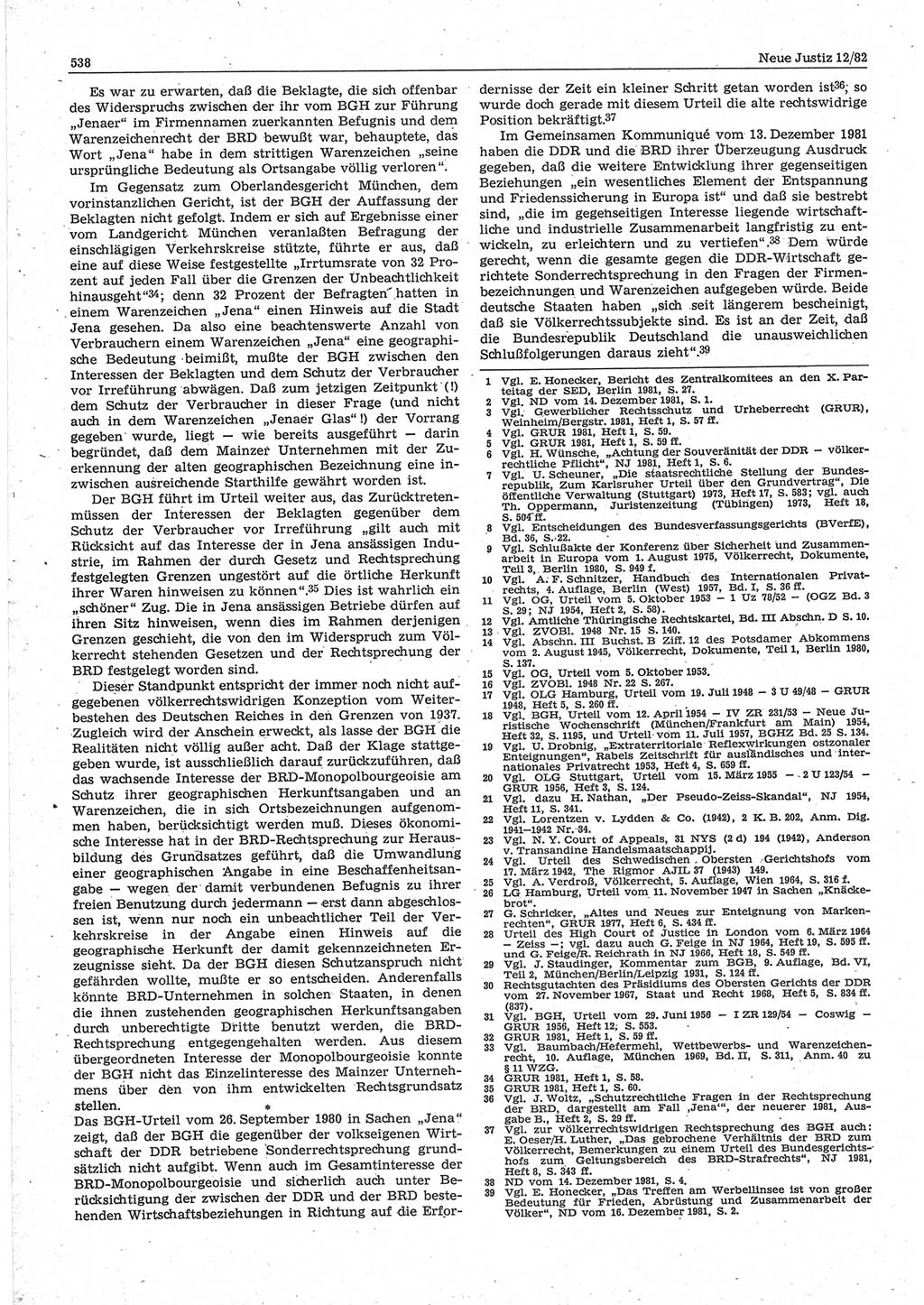 Neue Justiz (NJ), Zeitschrift für sozialistisches Recht und Gesetzlichkeit [Deutsche Demokratische Republik (DDR)], 36. Jahrgang 1982, Seite 538 (NJ DDR 1982, S. 538)