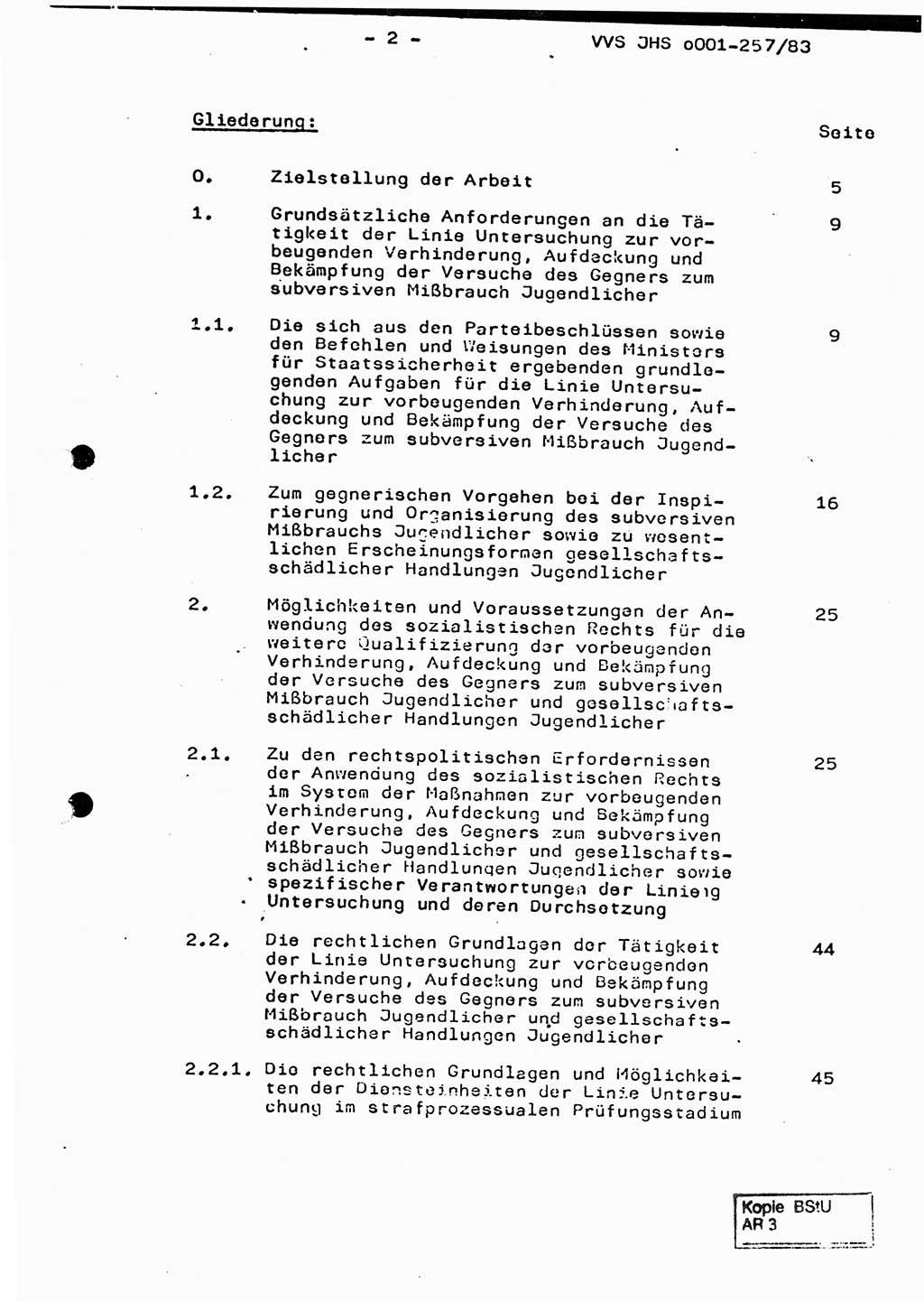 Dissertation, Oberst Helmut Lubas (BV Mdg.), Oberstleutnant Manfred Eschberger (HA IX), Oberleutnant Hans-Jürgen Ludwig (JHS), Ministerium für Staatssicherheit (MfS) [Deutsche Demokratische Republik (DDR)], Juristische Hochschule (JHS), Vertrauliche Verschlußsache (VVS) o001-257/83, Potsdam 1983, Seite 2 (Diss. MfS DDR JHS VVS o001-257/83 1983, S. 2)