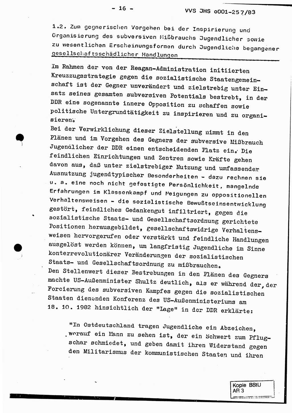 Dissertation, Oberst Helmut Lubas (BV Mdg.), Oberstleutnant Manfred Eschberger (HA IX), Oberleutnant Hans-Jürgen Ludwig (JHS), Ministerium für Staatssicherheit (MfS) [Deutsche Demokratische Republik (DDR)], Juristische Hochschule (JHS), Vertrauliche Verschlußsache (VVS) o001-257/83, Potsdam 1983, Seite 16 (Diss. MfS DDR JHS VVS o001-257/83 1983, S. 16)