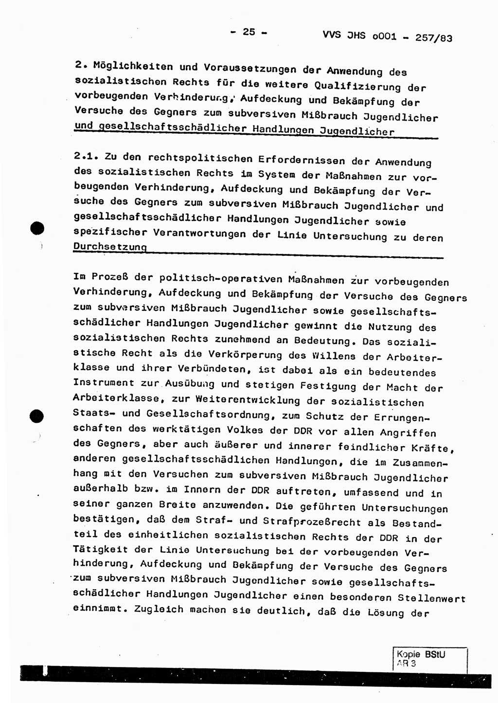 Dissertation, Oberst Helmut Lubas (BV Mdg.), Oberstleutnant Manfred Eschberger (HA IX), Oberleutnant Hans-Jürgen Ludwig (JHS), Ministerium für Staatssicherheit (MfS) [Deutsche Demokratische Republik (DDR)], Juristische Hochschule (JHS), Vertrauliche Verschlußsache (VVS) o001-257/83, Potsdam 1983, Seite 25 (Diss. MfS DDR JHS VVS o001-257/83 1983, S. 25)