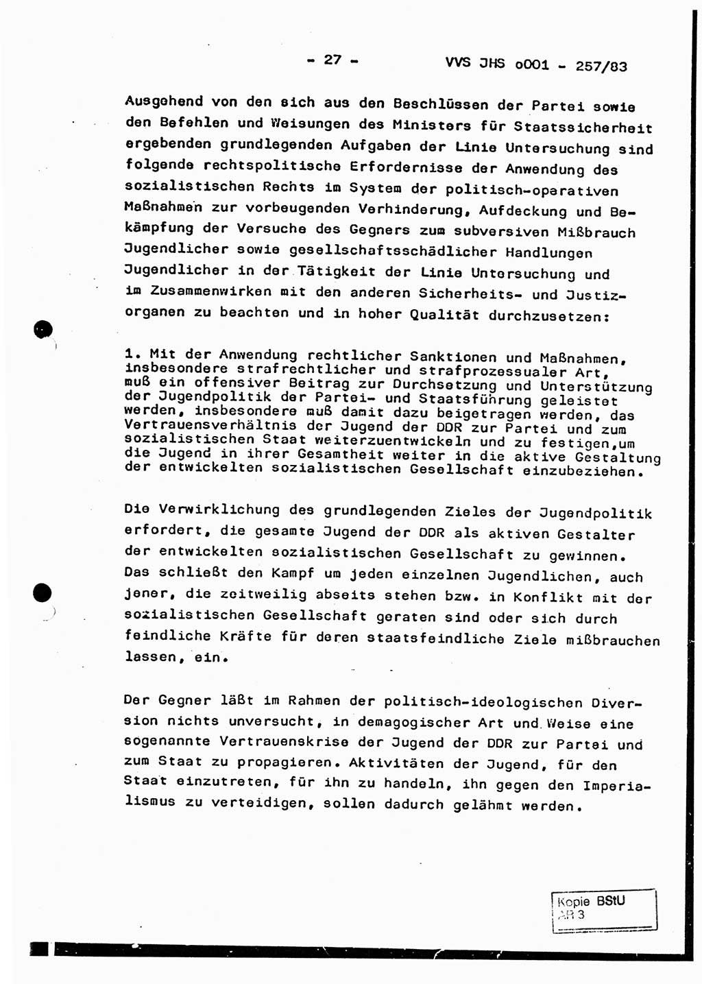 Dissertation, Oberst Helmut Lubas (BV Mdg.), Oberstleutnant Manfred Eschberger (HA IX), Oberleutnant Hans-Jürgen Ludwig (JHS), Ministerium für Staatssicherheit (MfS) [Deutsche Demokratische Republik (DDR)], Juristische Hochschule (JHS), Vertrauliche Verschlußsache (VVS) o001-257/83, Potsdam 1983, Seite 27 (Diss. MfS DDR JHS VVS o001-257/83 1983, S. 27)