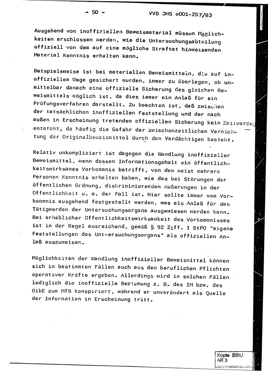 Dissertation, Oberst Helmut Lubas (BV Mdg.), Oberstleutnant Manfred Eschberger (HA IX), Oberleutnant Hans-Jürgen Ludwig (JHS), Ministerium für Staatssicherheit (MfS) [Deutsche Demokratische Republik (DDR)], Juristische Hochschule (JHS), Vertrauliche Verschlußsache (VVS) o001-257/83, Potsdam 1983, Seite 50 (Diss. MfS DDR JHS VVS o001-257/83 1983, S. 50)