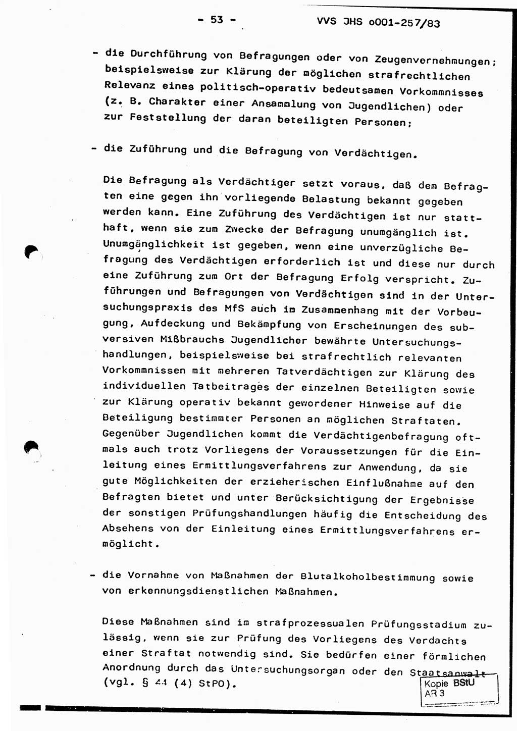 Dissertation, Oberst Helmut Lubas (BV Mdg.), Oberstleutnant Manfred Eschberger (HA IX), Oberleutnant Hans-Jürgen Ludwig (JHS), Ministerium für Staatssicherheit (MfS) [Deutsche Demokratische Republik (DDR)], Juristische Hochschule (JHS), Vertrauliche Verschlußsache (VVS) o001-257/83, Potsdam 1983, Seite 53 (Diss. MfS DDR JHS VVS o001-257/83 1983, S. 53)