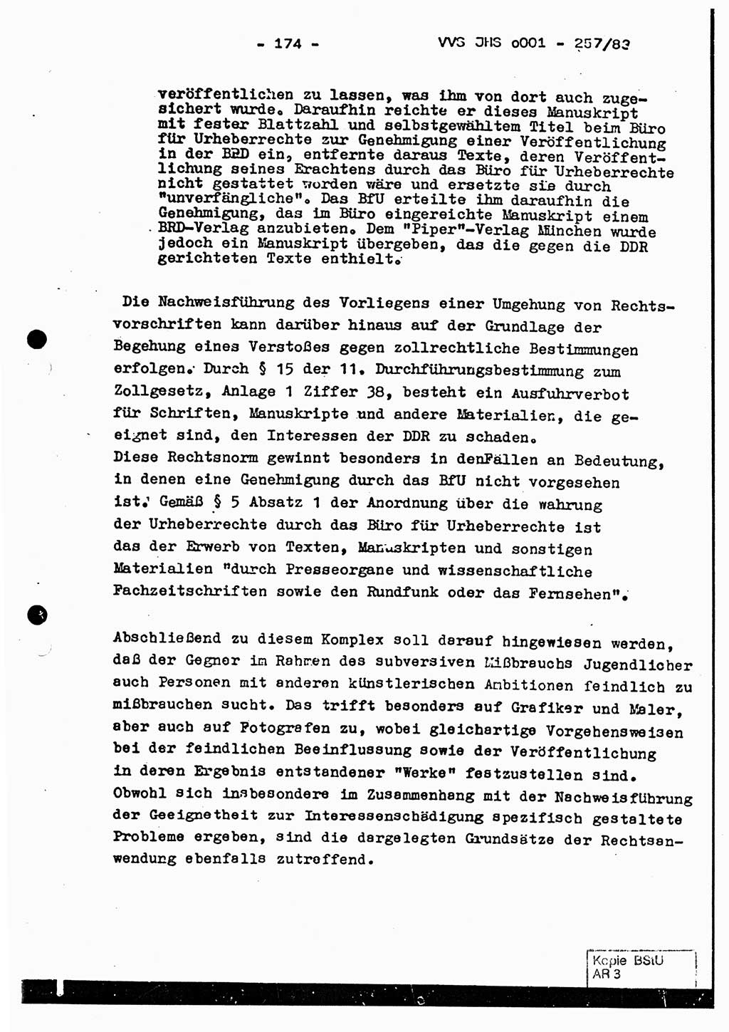Dissertation, Oberst Helmut Lubas (BV Mdg.), Oberstleutnant Manfred Eschberger (HA IX), Oberleutnant Hans-Jürgen Ludwig (JHS), Ministerium für Staatssicherheit (MfS) [Deutsche Demokratische Republik (DDR)], Juristische Hochschule (JHS), Vertrauliche Verschlußsache (VVS) o001-257/83, Potsdam 1983, Seite 174 (Diss. MfS DDR JHS VVS o001-257/83 1983, S. 174)