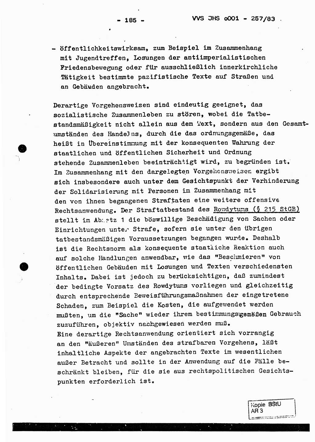 Dissertation, Oberst Helmut Lubas (BV Mdg.), Oberstleutnant Manfred Eschberger (HA IX), Oberleutnant Hans-Jürgen Ludwig (JHS), Ministerium für Staatssicherheit (MfS) [Deutsche Demokratische Republik (DDR)], Juristische Hochschule (JHS), Vertrauliche Verschlußsache (VVS) o001-257/83, Potsdam 1983, Seite 185 (Diss. MfS DDR JHS VVS o001-257/83 1983, S. 185)
