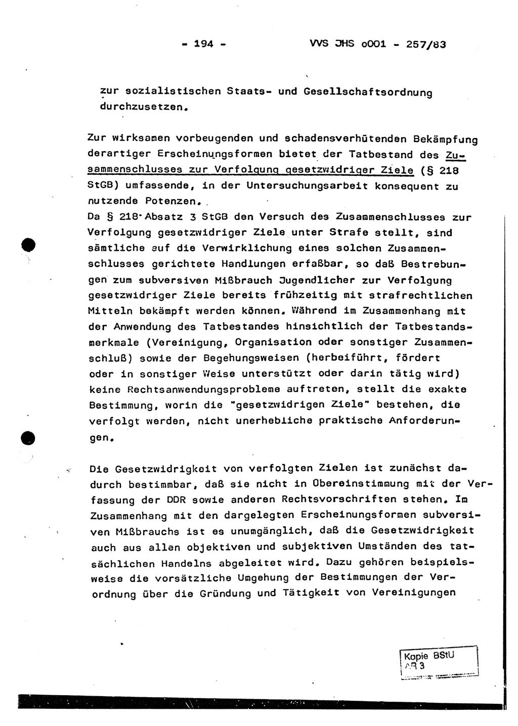 Dissertation, Oberst Helmut Lubas (BV Mdg.), Oberstleutnant Manfred Eschberger (HA IX), Oberleutnant Hans-Jürgen Ludwig (JHS), Ministerium für Staatssicherheit (MfS) [Deutsche Demokratische Republik (DDR)], Juristische Hochschule (JHS), Vertrauliche Verschlußsache (VVS) o001-257/83, Potsdam 1983, Seite 194 (Diss. MfS DDR JHS VVS o001-257/83 1983, S. 194)