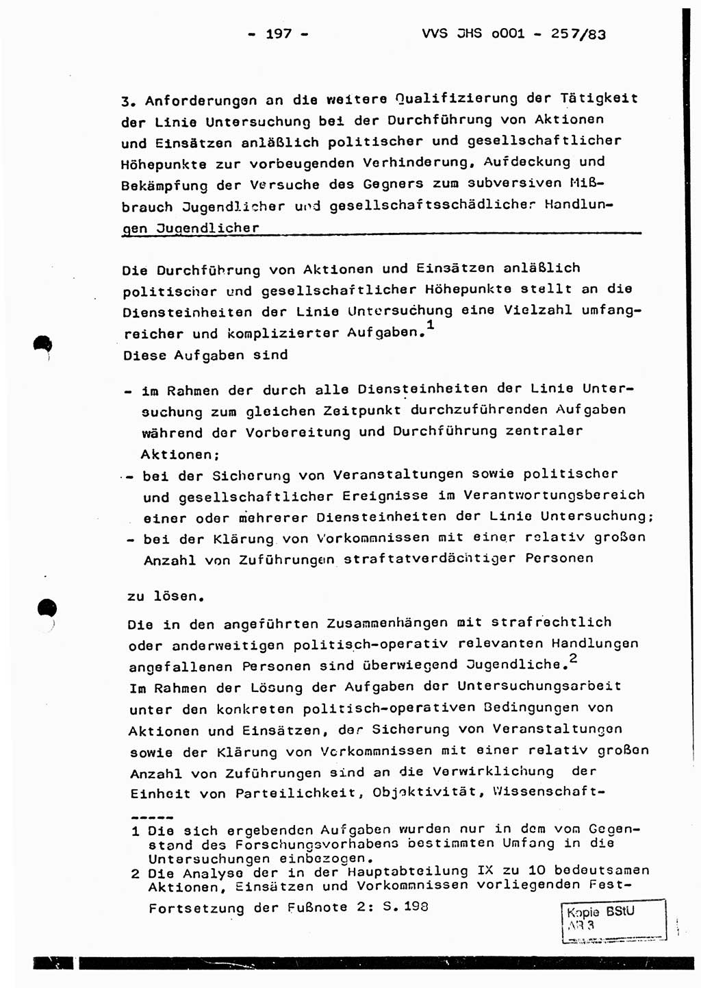 Dissertation, Oberst Helmut Lubas (BV Mdg.), Oberstleutnant Manfred Eschberger (HA IX), Oberleutnant Hans-Jürgen Ludwig (JHS), Ministerium für Staatssicherheit (MfS) [Deutsche Demokratische Republik (DDR)], Juristische Hochschule (JHS), Vertrauliche Verschlußsache (VVS) o001-257/83, Potsdam 1983, Seite 197 (Diss. MfS DDR JHS VVS o001-257/83 1983, S. 197)
