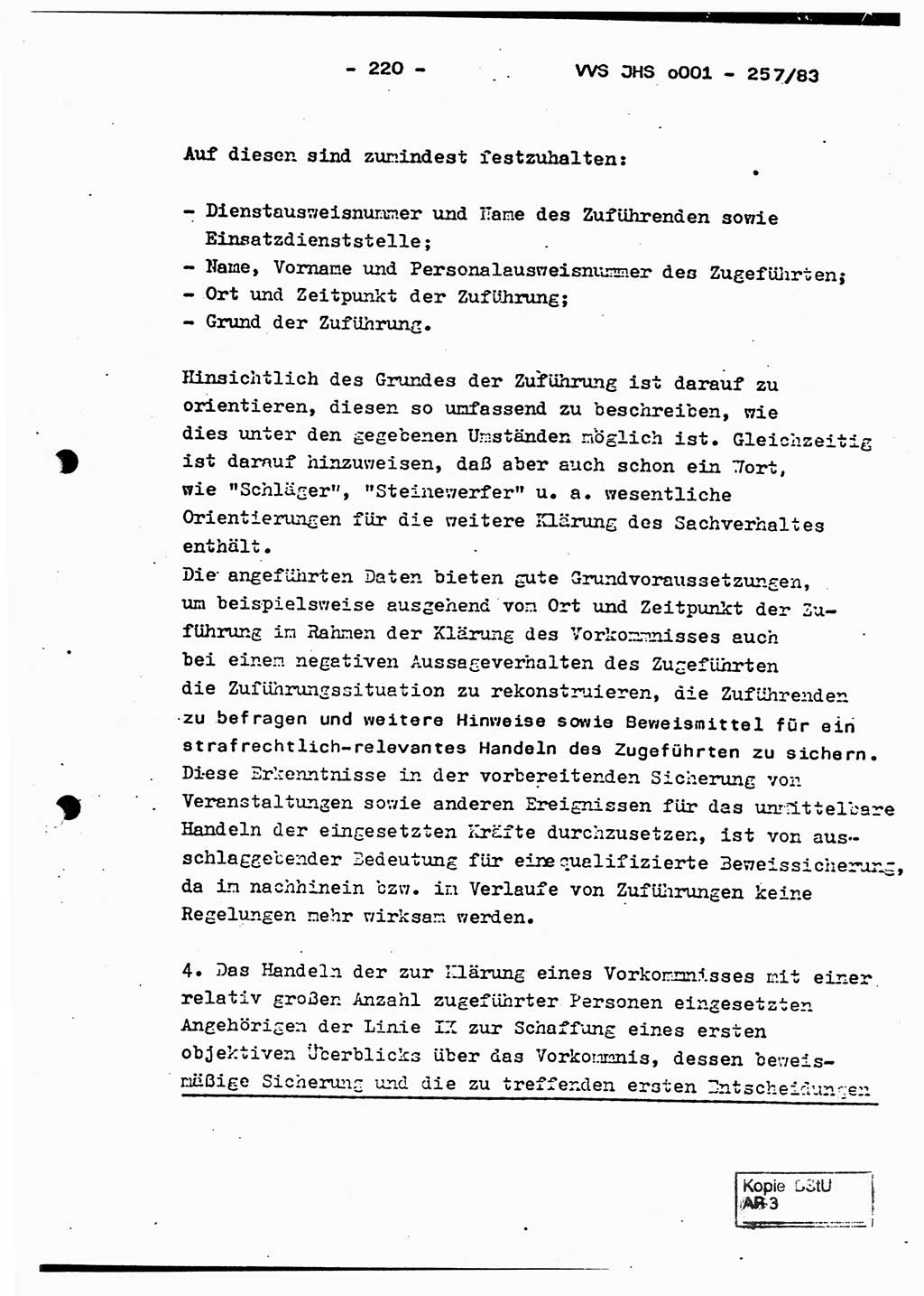 Dissertation, Oberst Helmut Lubas (BV Mdg.), Oberstleutnant Manfred Eschberger (HA IX), Oberleutnant Hans-Jürgen Ludwig (JHS), Ministerium für Staatssicherheit (MfS) [Deutsche Demokratische Republik (DDR)], Juristische Hochschule (JHS), Vertrauliche Verschlußsache (VVS) o001-257/83, Potsdam 1983, Seite 220 (Diss. MfS DDR JHS VVS o001-257/83 1983, S. 220)