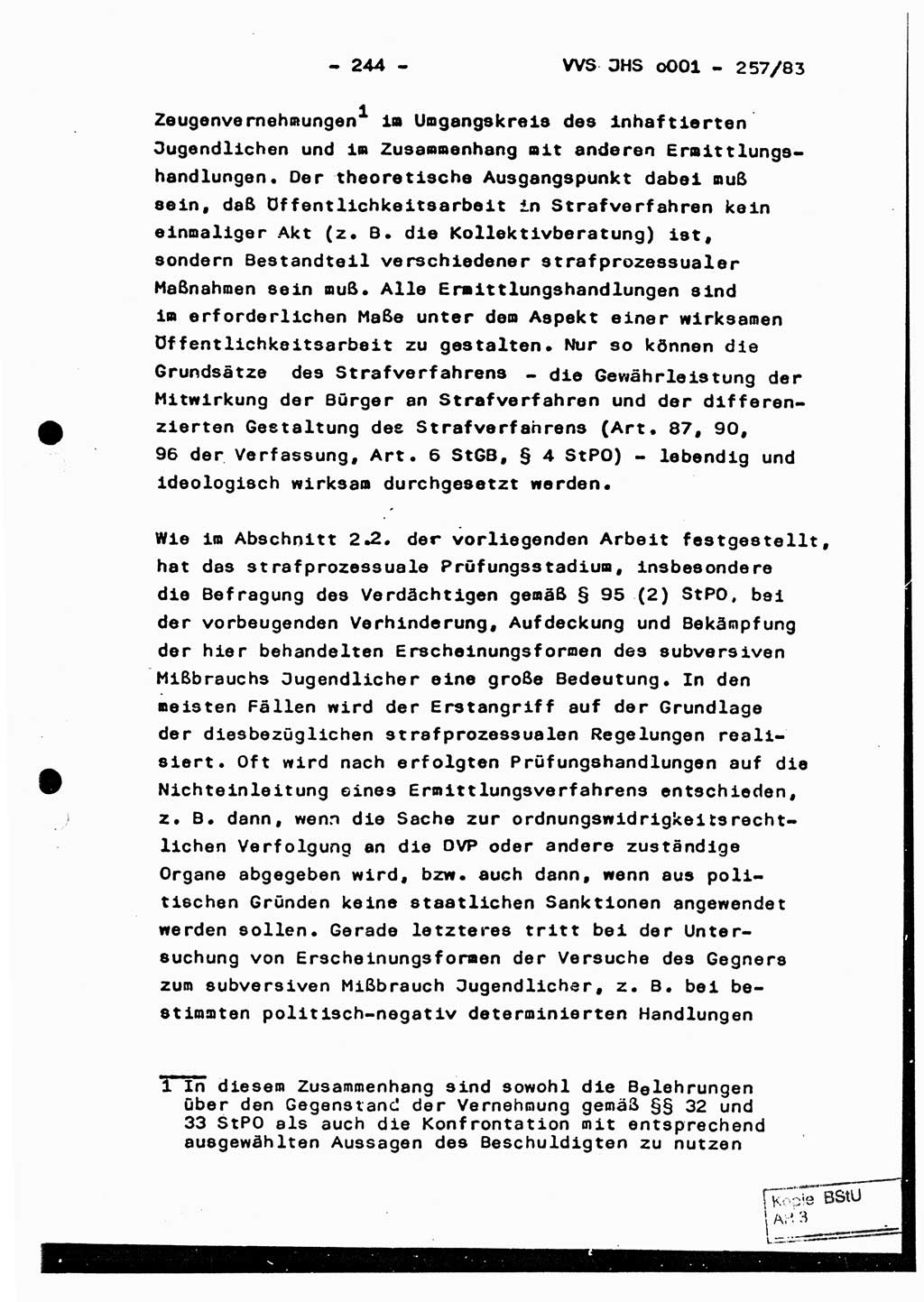 Dissertation, Oberst Helmut Lubas (BV Mdg.), Oberstleutnant Manfred Eschberger (HA IX), Oberleutnant Hans-Jürgen Ludwig (JHS), Ministerium für Staatssicherheit (MfS) [Deutsche Demokratische Republik (DDR)], Juristische Hochschule (JHS), Vertrauliche Verschlußsache (VVS) o001-257/83, Potsdam 1983, Seite 244 (Diss. MfS DDR JHS VVS o001-257/83 1983, S. 244)