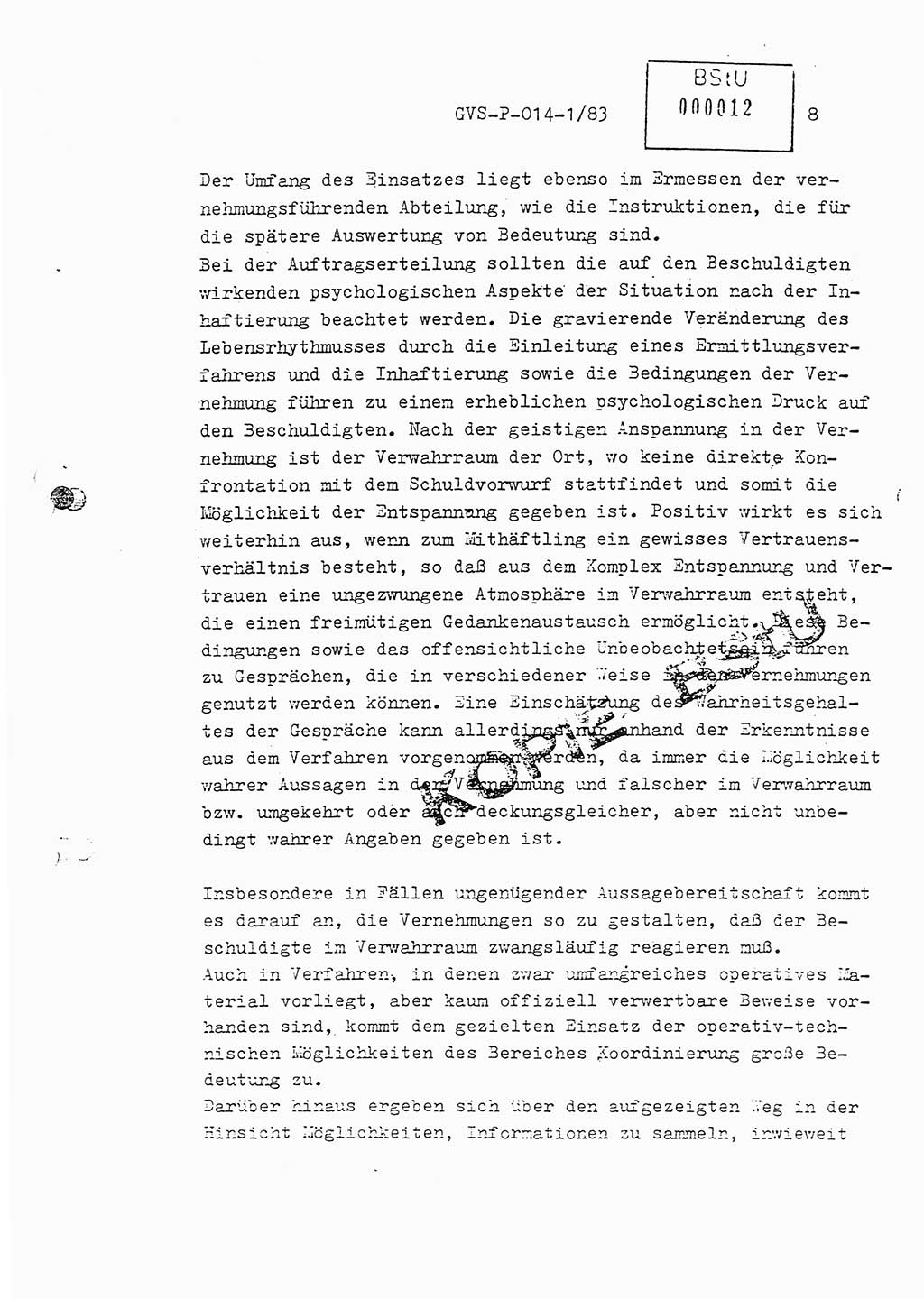 Fachschulabschlußarbeit Leutnant Dirk Autentrieb (HA Ⅸ/AKG), Ministerium für Staatssicherheit (MfS) [Deutsche Demokratische Republik (DDR)], Hauptabteilung (HA) Ⅸ, Geheime Verschlußsache (GVS) P-014-1/83, Berlin 1983, Blatt 8 (FS-Abschl.-Arb. MfS DDR HA Ⅸ GVS P-014-1/83 1983, Bl. 8)