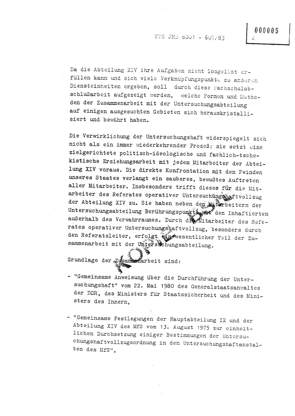 Fachschulabschlußarbeit Oberleutnant Hans-Joachim Saltmann (BV Rostock Abt. ⅩⅣ), Ministerium für Staatssicherheit (MfS) [Deutsche Demokratische Republik (DDR)], Juristische Hochschule (JHS), Vertrauliche Verschlußsache (VVS) o001-607/83, Potsdam 1983, Seite 4 (FS-Abschl.-Arb. MfS DDR JHS VVS o001-607/83 1983, S. 4)