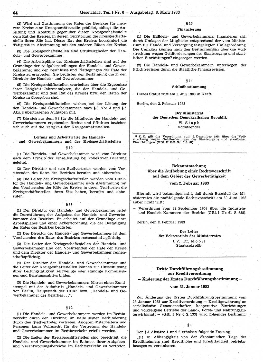 Gesetzblatt (GBl.) der Deutschen Demokratischen Republik (DDR) Teil Ⅰ 1983, Seite 64 (GBl. DDR Ⅰ 1983, S. 64)