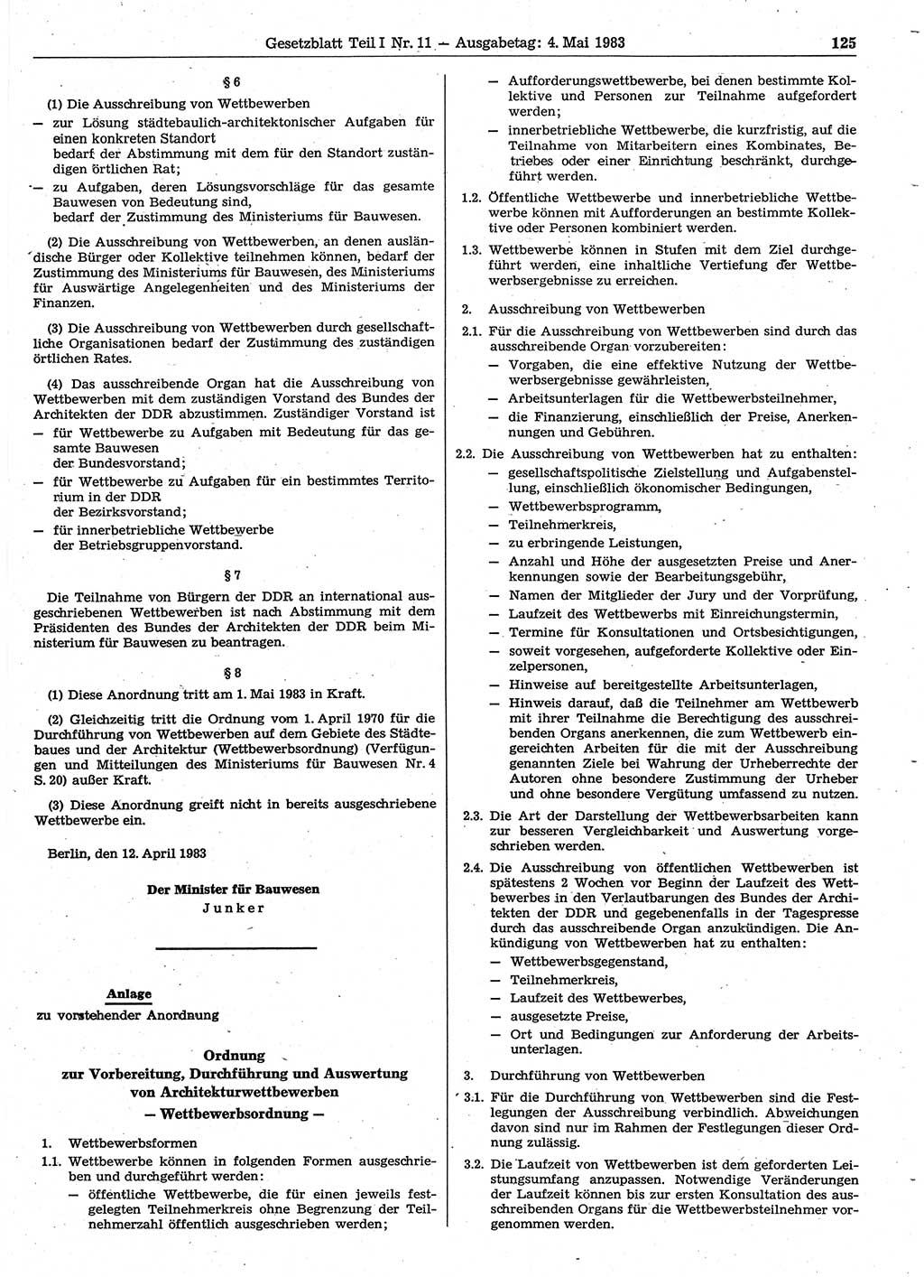 Gesetzblatt (GBl.) der Deutschen Demokratischen Republik (DDR) Teil Ⅰ 1983, Seite 125 (GBl. DDR Ⅰ 1983, S. 125)