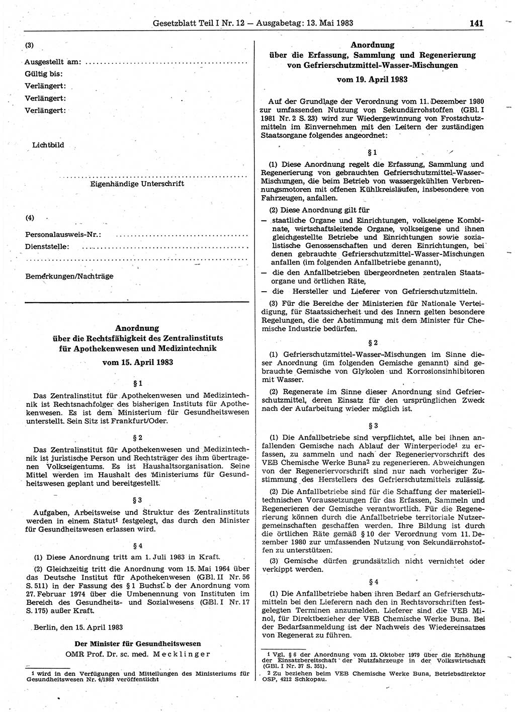 Gesetzblatt (GBl.) der Deutschen Demokratischen Republik (DDR) Teil Ⅰ 1983, Seite 141 (GBl. DDR Ⅰ 1983, S. 141)