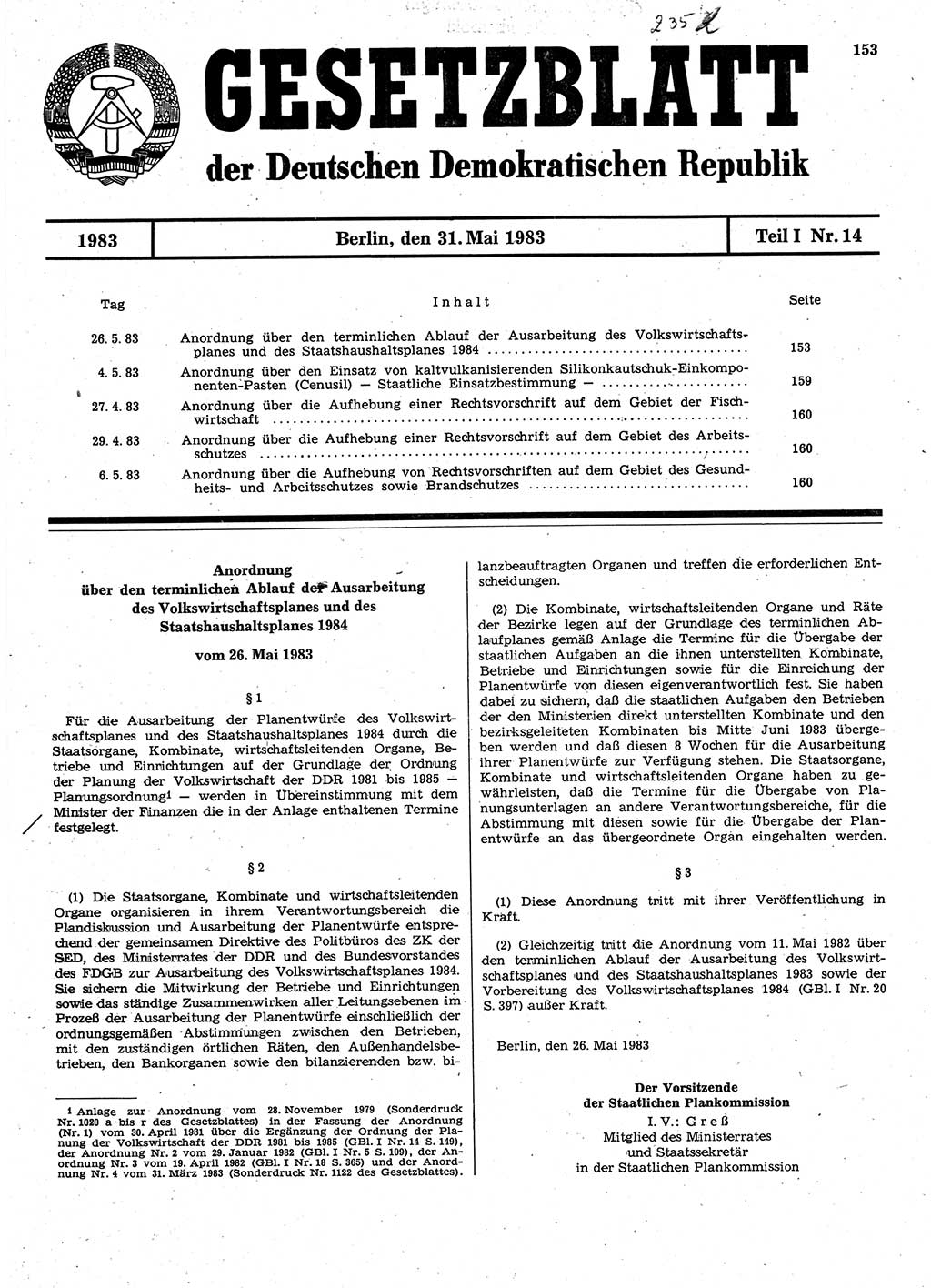 Gesetzblatt (GBl.) der Deutschen Demokratischen Republik (DDR) Teil Ⅰ 1983, Seite 153 (GBl. DDR Ⅰ 1983, S. 153)