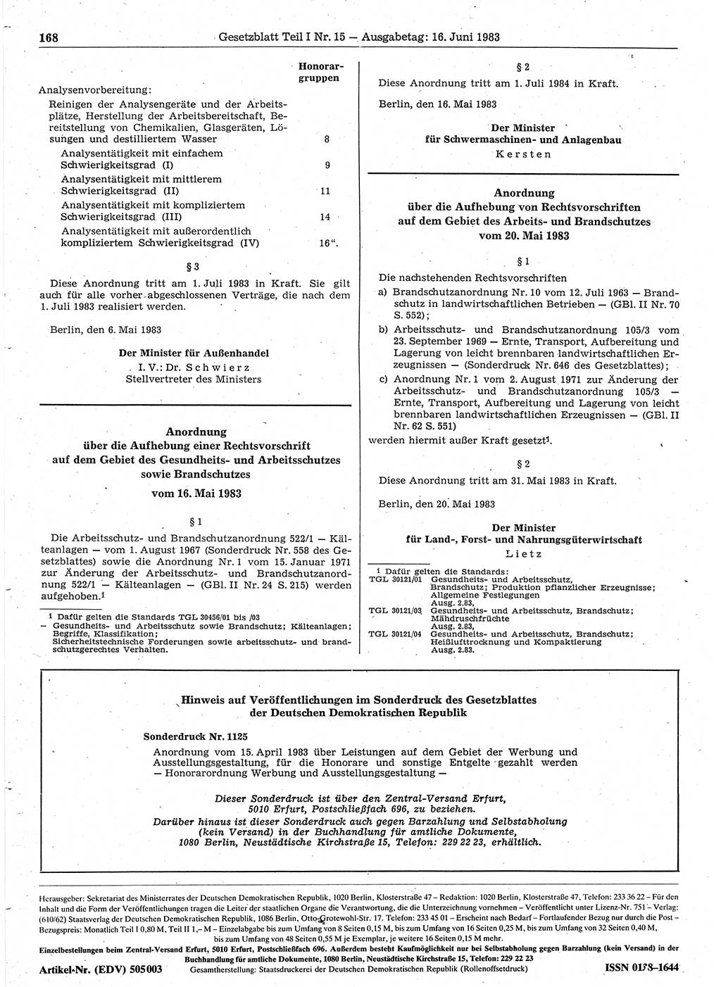 Gesetzblatt (GBl.) der Deutschen Demokratischen Republik (DDR) Teil Ⅰ 1983, Seite 168 (GBl. DDR Ⅰ 1983, S. 168)