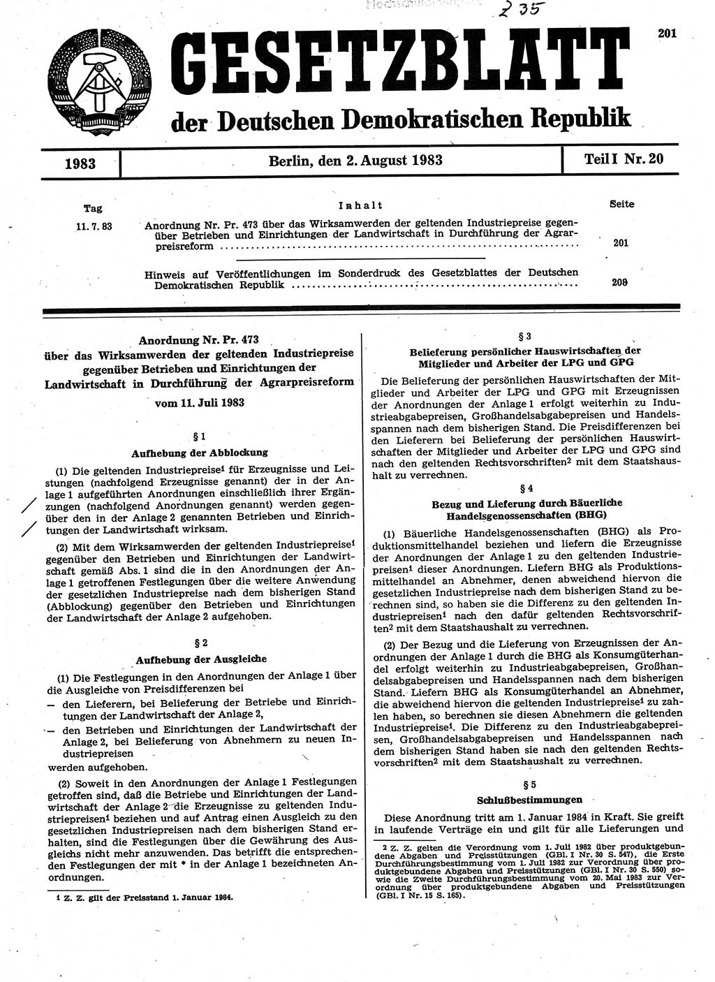 Gesetzblatt (GBl.) der Deutschen Demokratischen Republik (DDR) Teil Ⅰ 1983, Seite 201 (GBl. DDR Ⅰ 1983, S. 201)