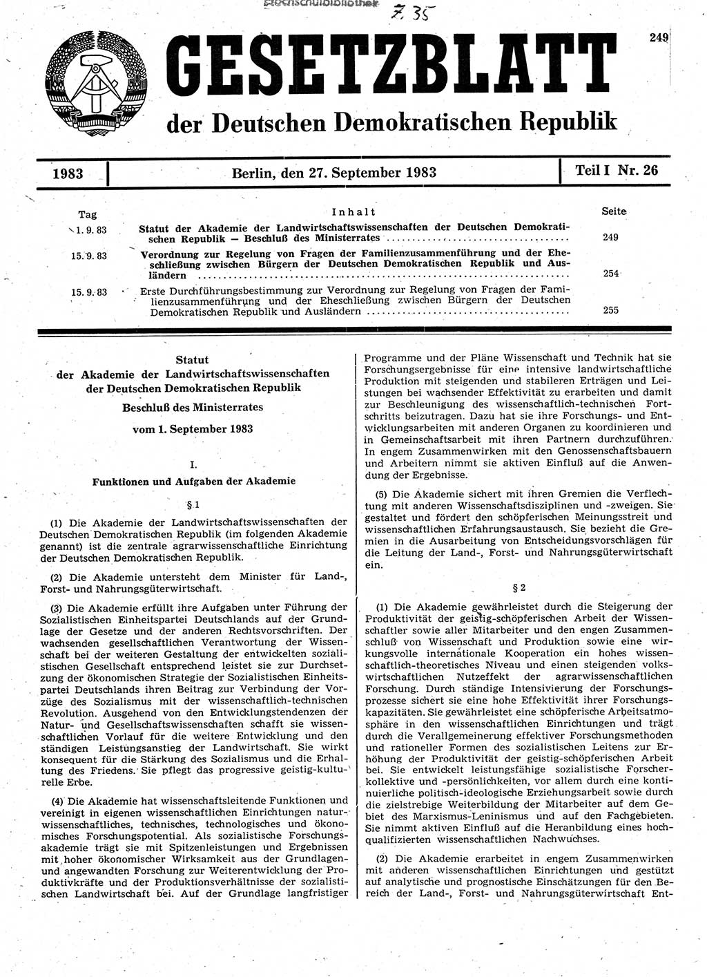 Gesetzblatt (GBl.) der Deutschen Demokratischen Republik (DDR) Teil Ⅰ 1983, Seite 249 (GBl. DDR Ⅰ 1983, S. 249)