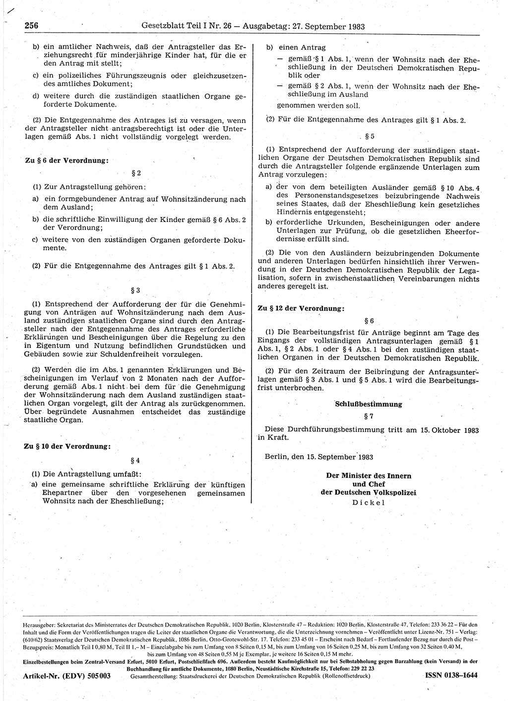 Gesetzblatt (GBl.) der Deutschen Demokratischen Republik (DDR) Teil Ⅰ 1983, Seite 256 (GBl. DDR Ⅰ 1983, S. 256)