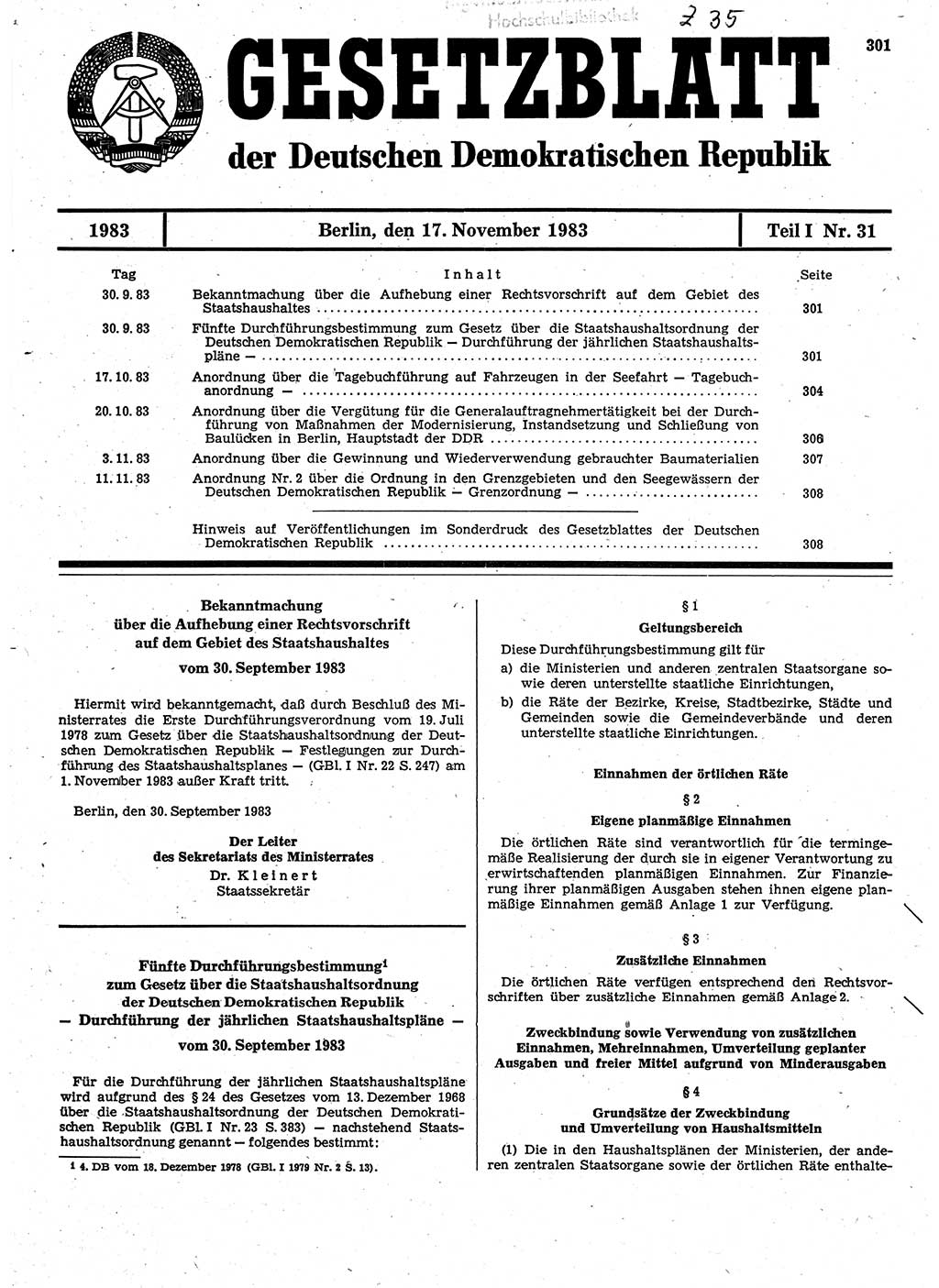 Gesetzblatt (GBl.) der Deutschen Demokratischen Republik (DDR) Teil Ⅰ 1983, Seite 301 (GBl. DDR Ⅰ 1983, S. 301)
