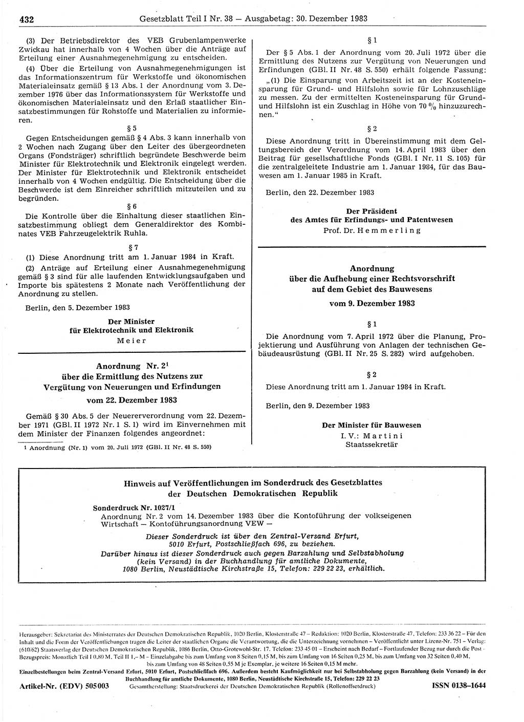 Gesetzblatt (GBl.) der Deutschen Demokratischen Republik (DDR) Teil Ⅰ 1983, Seite 432 (GBl. DDR Ⅰ 1983, S. 432)