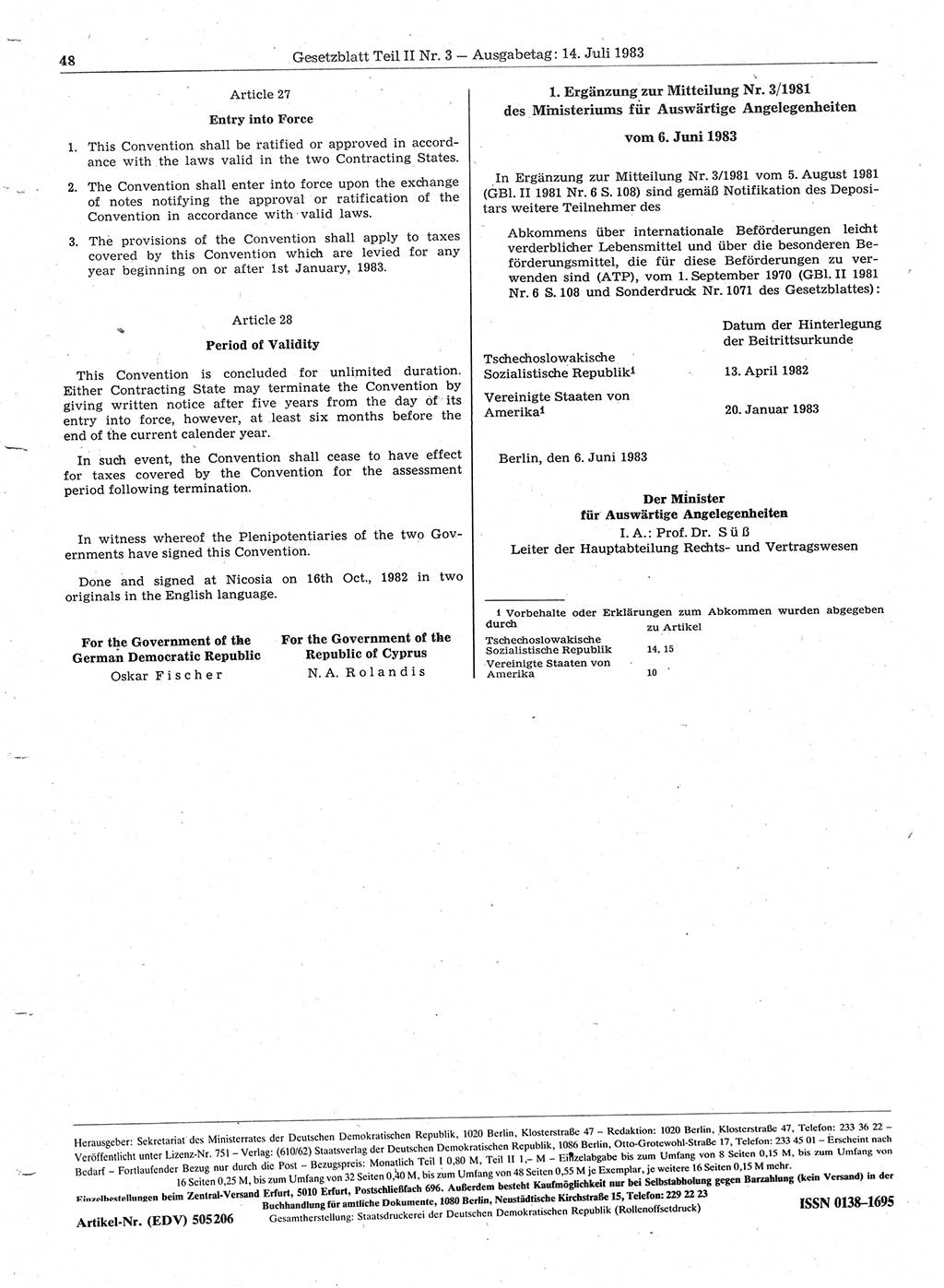 Gesetzblatt (GBl.) der Deutschen Demokratischen Republik (DDR) Teil ⅠⅠ 1983, Seite 48 (GBl. DDR ⅠⅠ 1983, S. 48)