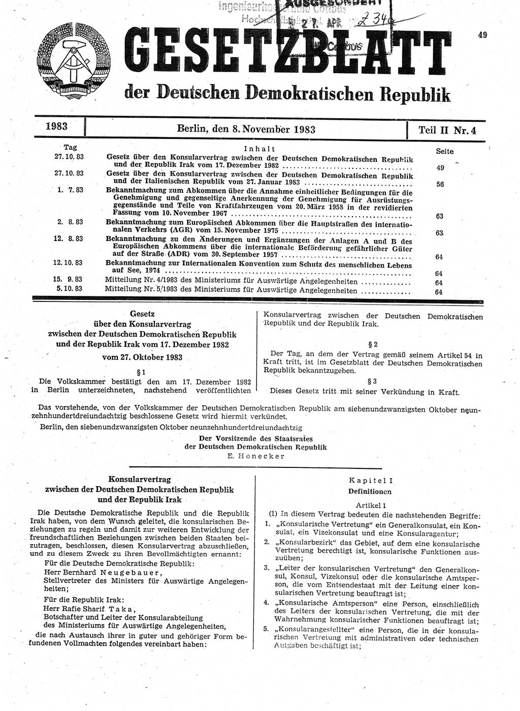 Gesetzblatt (GBl.) der Deutschen Demokratischen Republik (DDR) Teil ⅠⅠ 1983, Seite 49 (GBl. DDR ⅠⅠ 1983, S. 49)